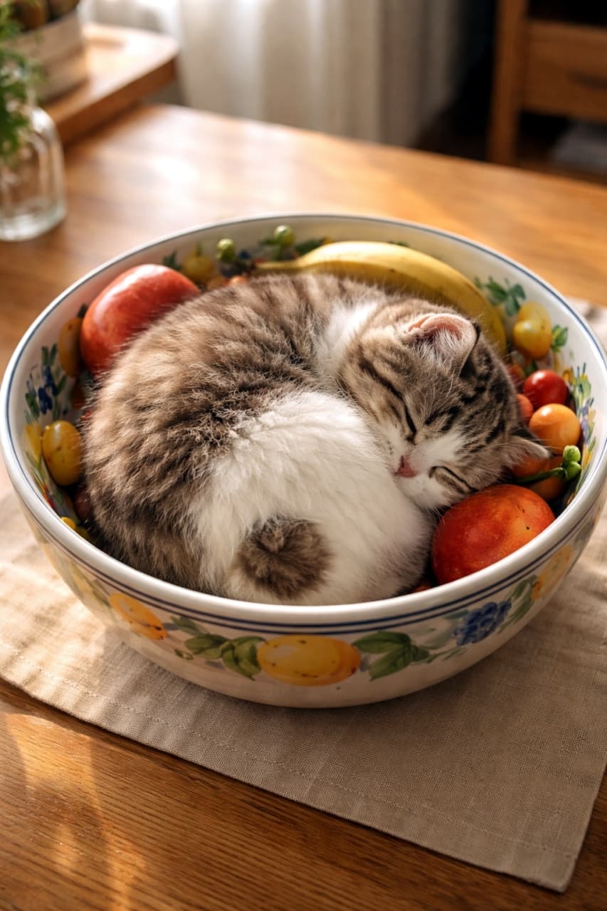 「まるでフルーツの妖精さん🧚 フルーツボウルの中でまぁるくなってお昼寝中のマンクスちゃんに癒される〜🍎💤」Ultra-realistic high-quality photograph of a tabby and white Manx kitten peacefully sleeping curled up inside a floral ceramic bowl surrounded by real fruits on a sunlit wooden table. 窓辺の木製テーブルの上で、リンゴやバナナなどの果物と一緒に花柄の陶器製フルーツボウルにすっぽりと収まり、丸くなって眠るキジ白のマンクスの子猫