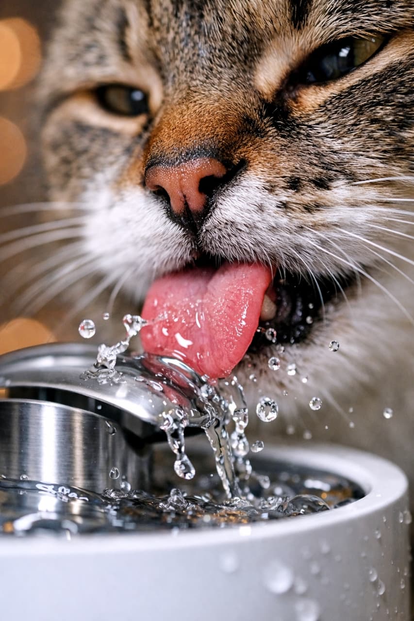 「お水おいしいにゃ〜💧✨ 飛び散る水しぶきまでくっきり！一生懸命飲む姿にキュン💕 #猫のいる暮らし #給水器 #猫部」Ultra-realistic high-quality photograph of a tabby cat drinking from a water fountain, featuring a close-up of its mouth and clear splashing water droplets. 噴水式の給水器から水を飲むキジトラ猫の口元のクローズアップ。飛び散る水しぶきが鮮明に捉えられたリアルな高画質写真