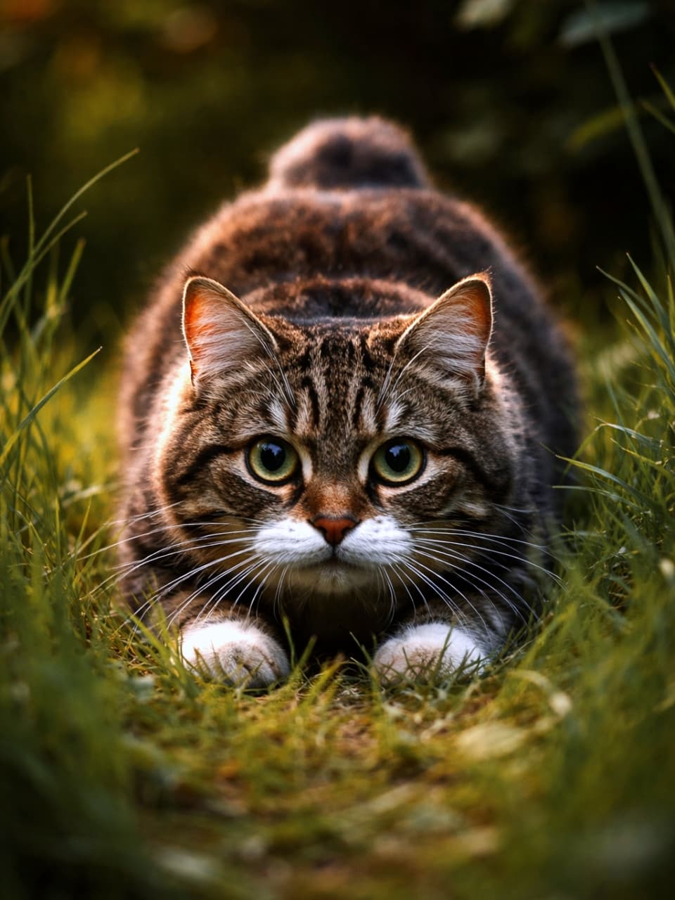 「ロックオン完了！👀✨ 野生のスイッチが入った真剣な眼差しがかっこよすぎる🐈‍⬛🌿 #ハンター猫 #野性の証明 #猫好きさんと繋がりたい」Ultra-realistic high-quality photograph of a tabby and white cat hunting in tall grass at golden hour, low to the ground and facing forward. 夕暮れ時の草むらで、獲物を狙って姿勢を低くするキジトラ白猫を正面から捉えた、緊迫感のあるリアルな高画質写真