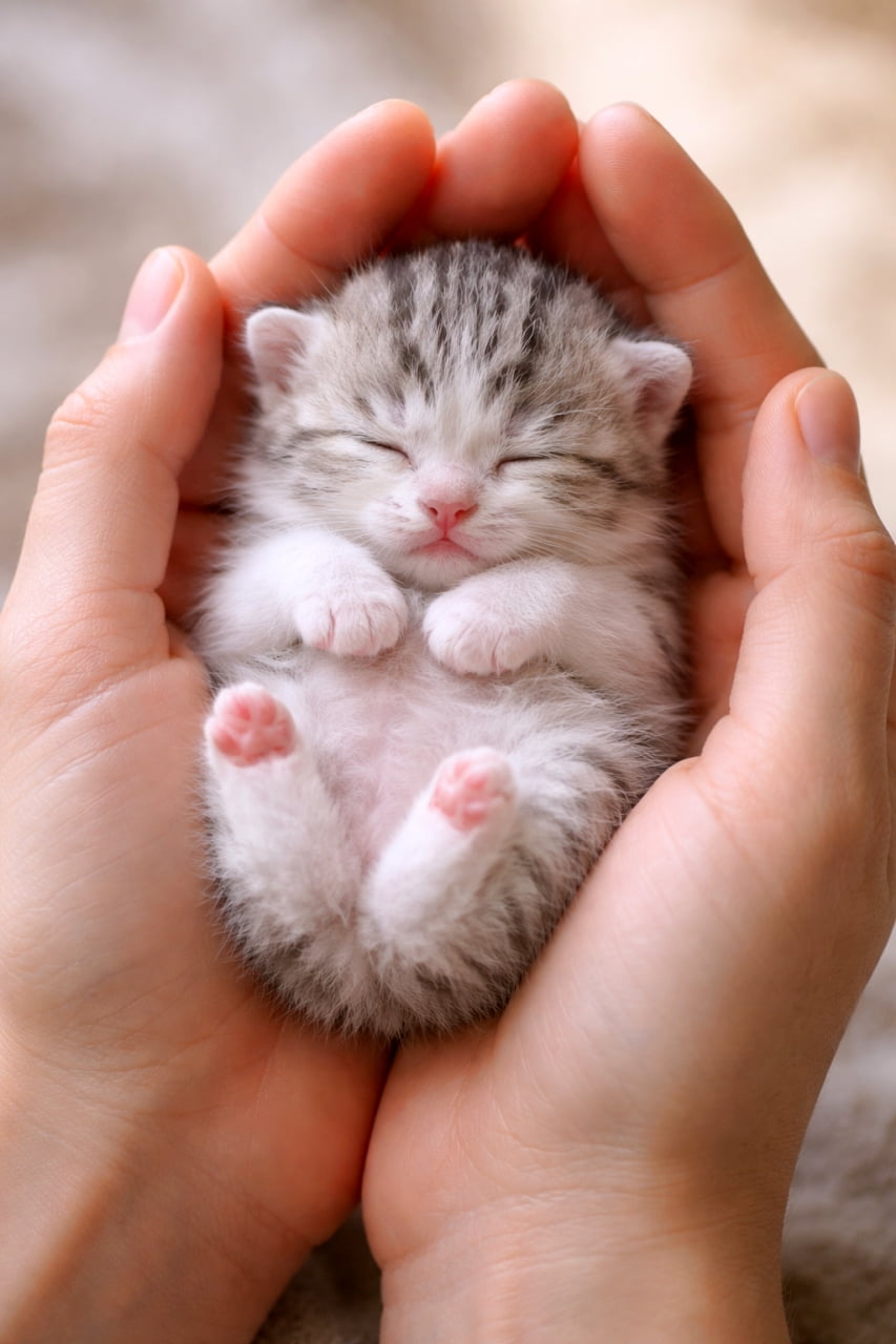 「両手にすっぽり収まる小さな宝物✨ 手のひらで安心しきって眠る天使の寝顔に、心の底から癒やされます🥺💖」Ultra-realistic high-quality close-up photograph of a tiny, fluffy silver tabby Manx kitten sleeping peacefully on its back, held safely inside a person's cupped hands. 人の両手の中にすっぽりと収まり、仰向けになって無防備に眠る小さなサバ白のマンクスの子猫。ピンク色の肉球と幸せそうな寝顔がクローズアップされている