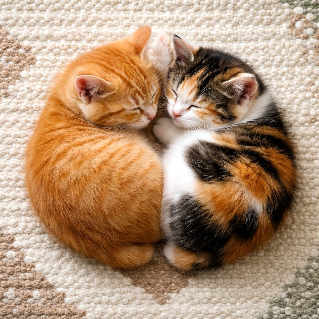 「奇跡の一枚📸✨ 2匹で丸まって綺麗なハート型になっちゃったマンクスちゃんたちに、キュンキュンが止まらない💕」Ultra-realistic high-quality photograph, top-down view of an orange tabby and a calico Manx kitten sleeping curled up together to form a perfect heart shape on a textured beige rug. 模様の入ったベージュのラグの上で、茶トラと三毛のマンクスの子猫が身を寄せ合い、2匹合わさって綺麗なハート型になって眠っている俯瞰写真