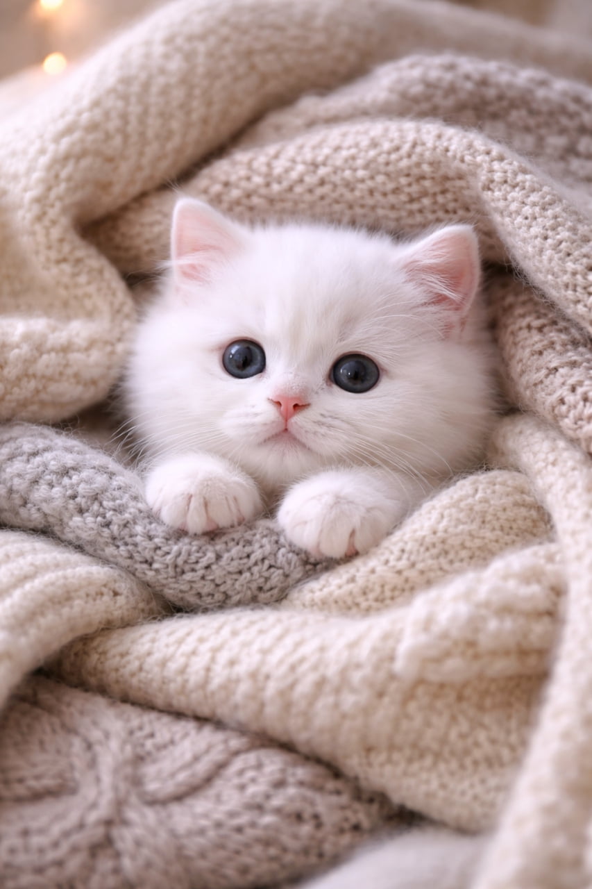 「寒〜い日はこれに限るニャ🧶 もこもこニットにすっぽり包まれた白マンクスちゃん、もはや動くぬいぐるみ🥺💕」Ultra-realistic high-quality photograph of a fluffy white Manx kitten wrapped snugly in chunky beige and grey knit blankets, looking directly at the camera with big round eyes. ベージュとグレーの分厚いニットブランケットにすっぽりと包まれ、大きな瞳でカメラを見つめる真っ白でふわふわなマンクスの子猫。背景には温かみのあるイルミネーションの光がボケている