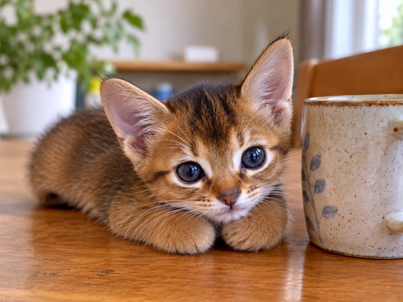 「マグカップと並んで、テーブルの上でちょこんとお座り☕️🐾「何かお話ある?」と言いたげな、まんまるお目々とおててに一瞬で奪われました🥰」Ultra-realistic high-quality photograph of a tiny brownish kitten with prominent, alert ears and large dark eyes, lying on a warm wooden dining table next to a patterned ceramic mug. Its fuzzy, round paws are tucked perfectly side-by-side on the surface, showcasing its diminutive scale against the everyday object. Natural daylight fills the room, with indoor plants and soft home interiors softly blurred behind. 温かみのある木目のテーブルの上で、素朴な絵柄の陶器製マグカップの横に伏せる、アビシニアンやキジトラの血を引くような茶色い子猫。大きな潤んだ瞳でカメラを見つめ、ピンと立った大きな耳が特徴的。顔の下にちょこんと揃えられた、肉球の見えない丸い茶色い前足が愛らしい。自然な光が差し込む室内の高画質な写真。背景には室内の白い鉢植えの植物や家具が優しくボケている
