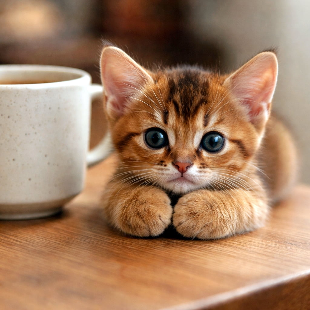 「ちょっとひと休みしない？☕️🐾 テーブルでお行儀よく見つめてくれる子猫ちゃんとの至福のコーヒータイム💕」Ultra-realistic high-quality photograph of an adorable Abyssinian-like orange kitten resting its paws together on a wooden table next to a ceramic coffee mug, looking directly at the viewer. 温かみのある木製のテーブルの上で、大きめの陶器製マグカップの隣に前足を揃えて座る、アビシニアンのような茶色い子猫。大きな瞳で真っ直ぐこちらを見つめている