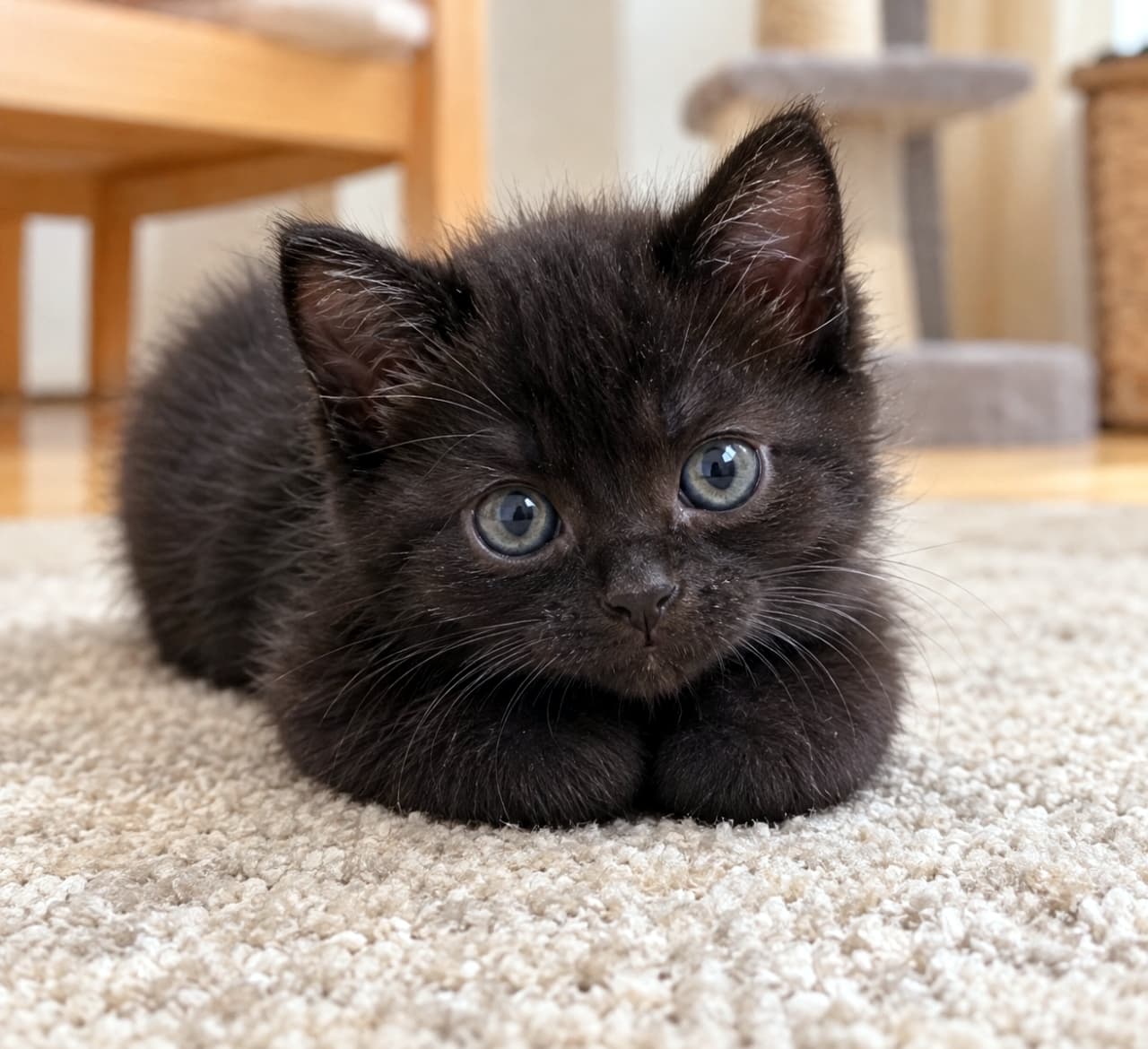 「真っ黒な毛玉ちゃんがじーっと見つめてる👀🐾背景に溶け込まない絶妙なライティングで黒猫の魅力全開です🐈⬛💕」Ultra-realistic high-quality photograph of a fluffy black kitten sitting in a loaf position on a beige carpet, staring intensely at the camera with large bluish eyes. The paws are perfectly tucked in, showing a round silhouette. ベージュのカーペットの上でくつろぐ、ふんわりとした被毛の黒猫の子猫。体の下に前足を完全にしまい込んだ丸いフォルムと、青みがかった大きな瞳でカメラをじっと見つめる表情が印象的な高画質写真。背景にはキャットタワーや木製家具が見える