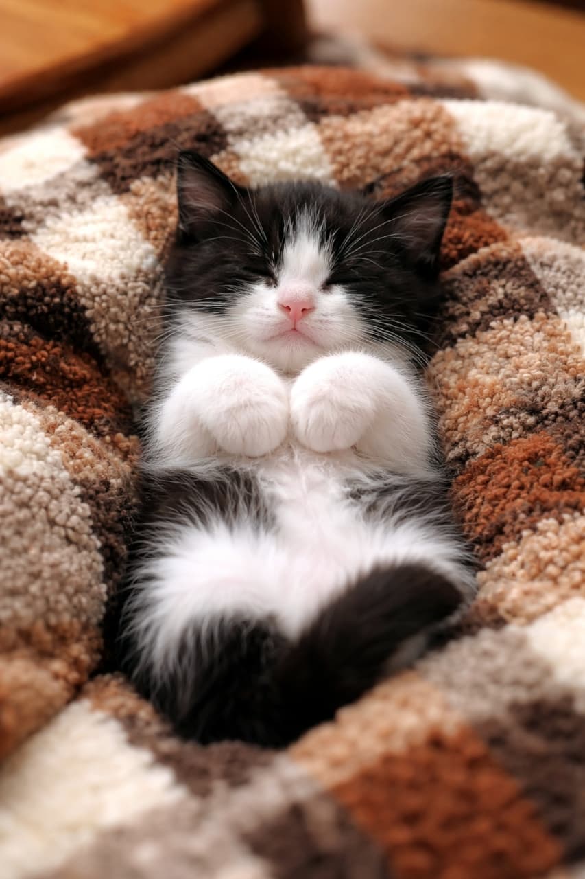 「毛布に包まれてへそ天ダンス？白黒ハチワレちゃんの、無防備すぎる寝姿にキュン💖」Ultra-realistic high-quality photograph of a black and white bicolor (hachiware) kitten sleeping blissfully on its back on a checkered (brown and white) textured fluffy blanket, paws tucked in at its chest. Its eyes are closed in peaceful slumber. モコモコした質感のチェック柄（茶色と白）の毛布の上で、仰向けになって無防備に眠る白黒のハチワレ猫の子猫。前足を胸元で揃えて、幸せそうに目を閉じている