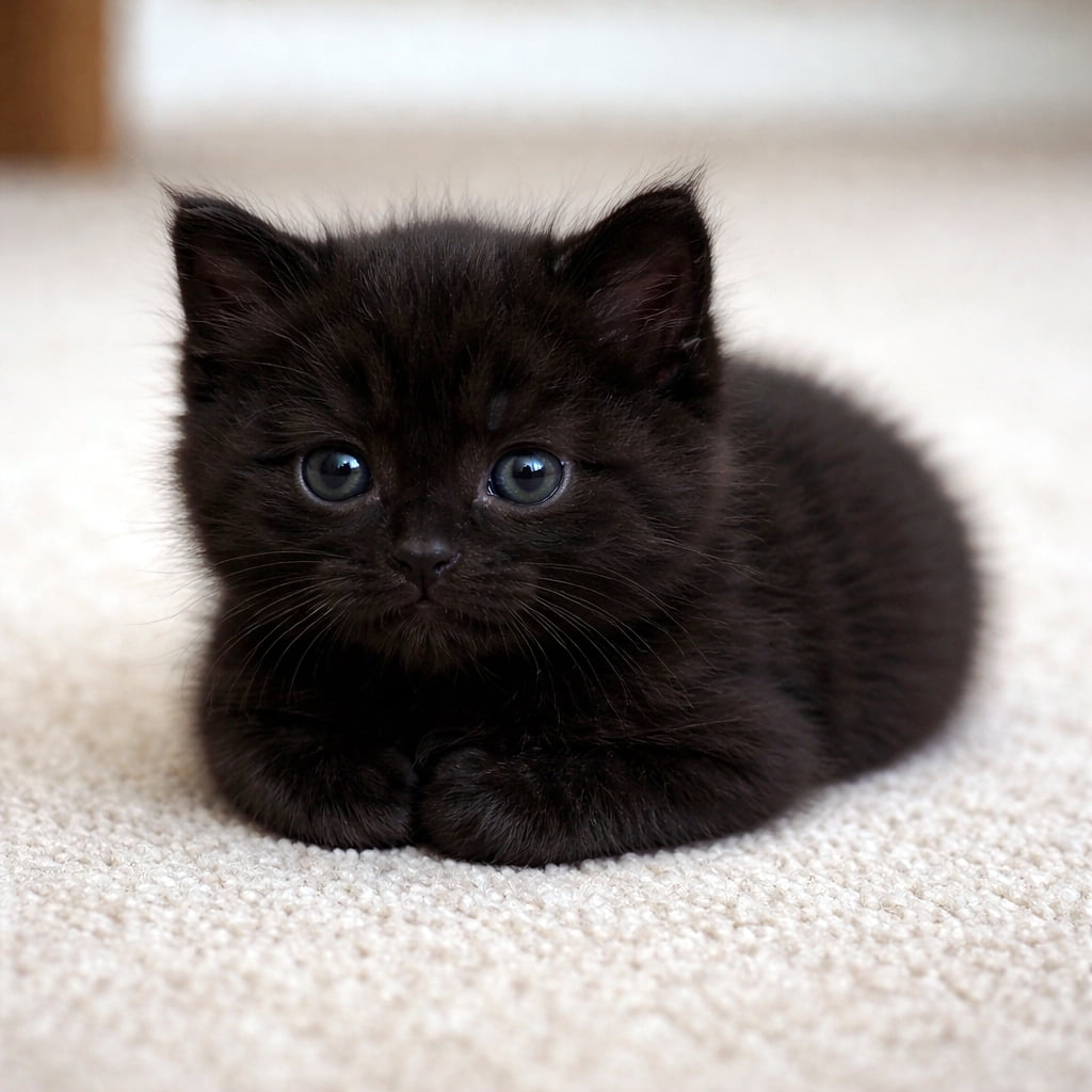 「真っ黒ボディにまん丸おめめ👀💕 ちょこんと揃えたおててがたまらない可愛さです🐾 #黒猫 #子猫」Ultra-realistic high-quality photograph of a tiny black kitten resting on a white carpet, staring at the camera with its cute round paws neatly tucked together. 白いカーペットの上で前足をきれいに揃えて伏せ、大きな瞳でこちらをじっと見つめる小さな黒猫の高品質なポートレート