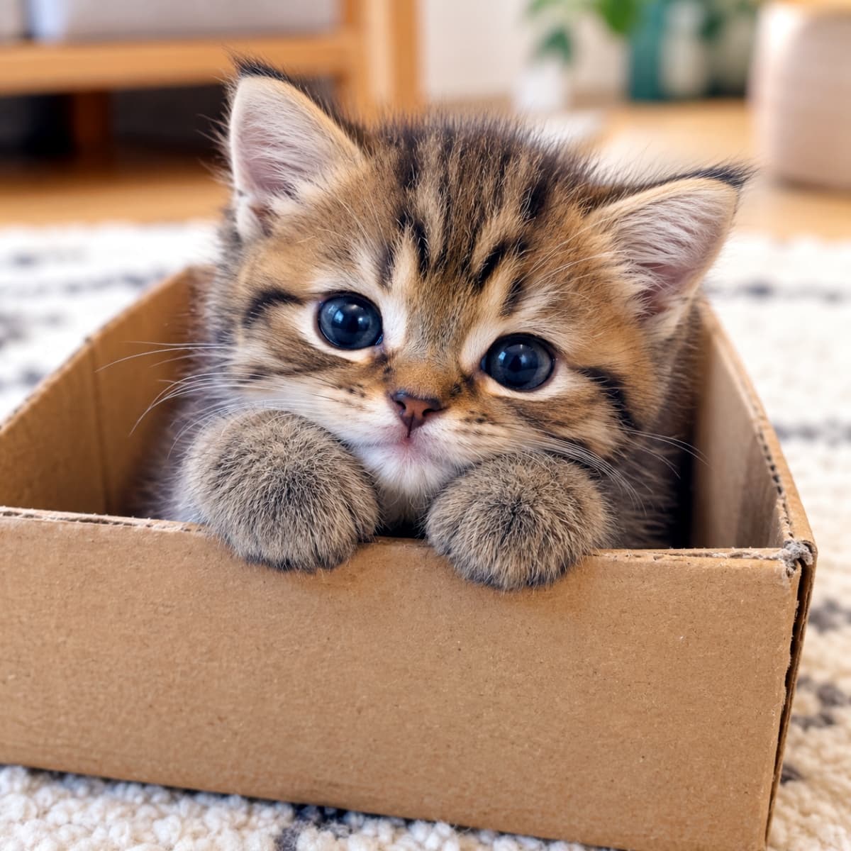 「箱入り娘(息子?)発見📦✨ちょこんと乗せたクリームパンみたいなおててが反則級の可愛さです😭💕」Ultra-realistic high-quality photograph of a brown tabby kitten peeking out of a cardboard box, resting its perfectly round paws on the edge, and staring with large, bright eyes against a softly blurred living room background. 段ボール箱の中からひょっこりと顔を出し、縁に丸い両前足をかけているキジトラの子猫。ぱっちりとした大きな黒目がちな瞳でこちらを見つめている。背景には明るいリビングのインテリアがぼけて写る、高画質な写真