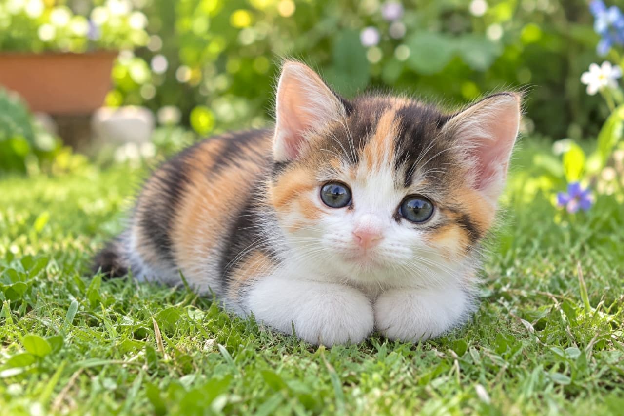 「お庭の冒険中にちょっとひと休み🌿🐾 まんまるお目目と「クリームパン」なおててで見つめられたら動けません🥺」Ultra-realistic high-quality photograph of a tricolor calico kitten crouching on lush green grass in a garden with tiny blue and white flowers, staring forward with captivating eyes and its round, white paws neatly aligned in front. 青や白の小さな花が咲く庭の、青々とした芝生の上にペタンと伏せをして、大きな瞳でこちらを見つめる三毛猫の子猫。黒、茶、白の鮮やかな被毛が特徴的で、顔の前には肉球の隠れた真っ白で丸い両前足を綺麗に揃えている。背景には土植えの鉢や緑の草花が柔らかくボケている、自然光あふれる高画質な屋外写真