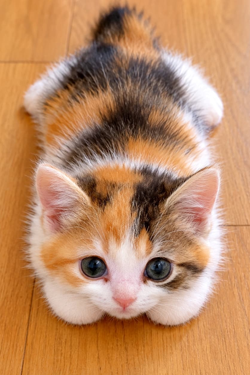 「見事な香箱座りを披露する三毛猫ベビーちゃん発見🐾上目遣いの破壊力がすごすぎる…!フローリングにちょこんと収まる姿が愛おしくて、ずっと見ていたくなっちゃいますね🥰」High-angle photograph of a calico kitten in a perfect loaf pose on a light wooden floor, looking up with large blue-green eyes, emphasizing the roundness of its tucked-in paws. 明るい茶色のフローリングの上で、完璧な香箱座りをしている三毛猫の子猫を上から撮影。黒、茶、白の鮮やかな被毛が混ざり合い、大きな青緑色の瞳で見上げている。体の下にしまい込まれた前足の丸みが強調されたハイアングル写真