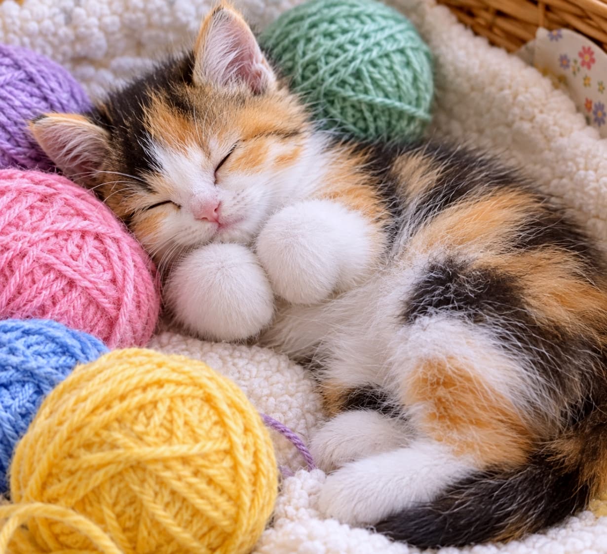 「カラフルな毛糸玉のベッドでスヤスヤ🧶💤おててをギュッと集めた寝顔が最高に愛おしいですね💕手芸好きさん必見!」Ultra-realistic high-quality photograph of a calico kitten sleeping peacefully surrounded by colorful balls of yarn, holding its perfectly round, white paws close to its face. ピンクや黄色、水色などカラフルな毛糸玉に囲まれたカゴの中で、幸せそうに眠る三毛猫の子猫。顔の前に添えられた、肉球の見えない真っ白で丸い両前足が愛らしい、鮮やかで高画質な写真