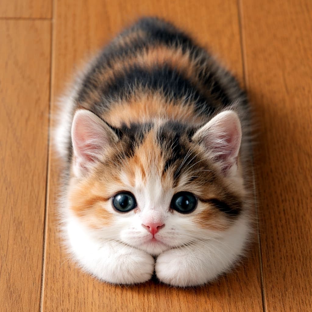 「木のぬくもりと三毛猫の「お願い」ポーズに癒やされる〜🍂 何でも叶えてあげたい！🥺」Ultra-realistic high-quality photograph taken from a slightly elevated top-down perspective. A small calico (tricolor) kitten is lying on bright hardwood floor planks, with its front paws pressed together under its chin in a pleading or "please" gesture. Its large eyes are looking up at the camera. 明るい木目のフローリングの上に、三毛猫の子猫が寝そべり、前足を揃えて顎の下に置いている。大きく丸い目でカメラを見上げている。真上からの俯瞰構図