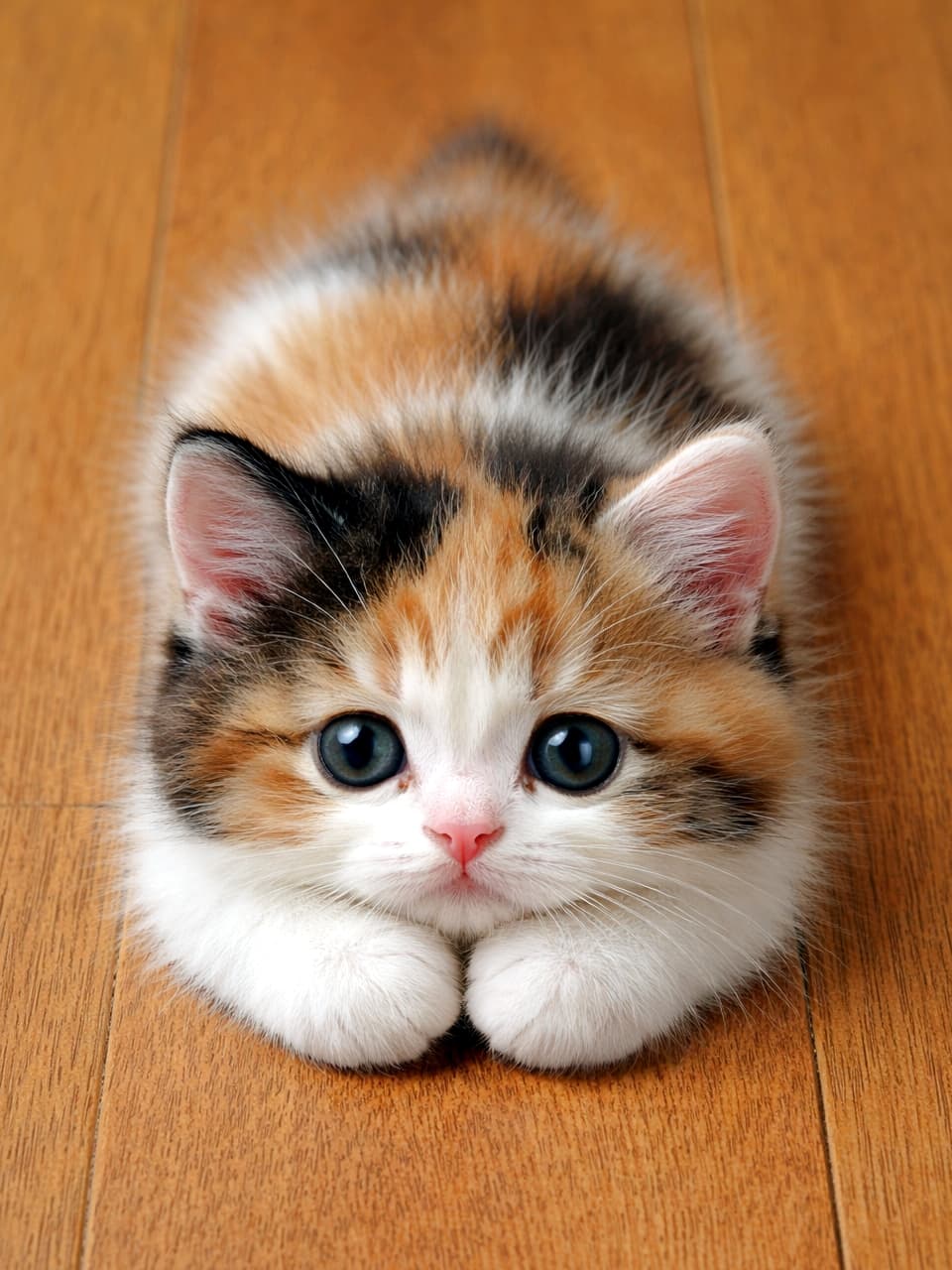 「上目遣いの視線にメロメロ🥺 床にちょこんと揃えたおててがたまりません💕 #三毛猫 #子猫のいる生活」Ultra-realistic high-quality photograph of a cute calico kitten lying on a wooden floor, looking up with big eyes and its perfectly aligned round paws. 木のフローリングの上でうつ伏せになり、前足をきれいに揃えて上目遣いでこちらを見つめる可愛らしい三毛猫（キャリコ）の子猫の高画質写真
