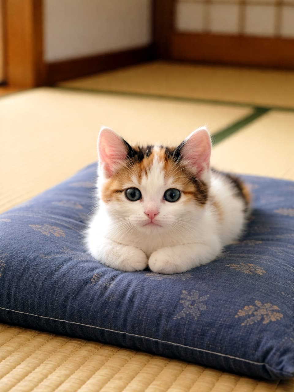 「畳と座布団、和の空間でくつろぐ三毛猫ちゃん。おすまし顔がたまらない！🐈✨」Ultra-realistic high-quality photograph of a calico kitten sitting on a blue Japanese zabuton cushion on a tatami mat in a traditional Japanese-style room. Its large eyes are looking at the camera, with a shoji screen background. Natural light creates a calm atmosphere. 日本の和室で、畳の上に置かれた青い座布団に伏せをして座る三毛猫の子猫。大きな目がカメラを見つめており、背景には障子がある。自然光が差し込む穏やかな雰囲気