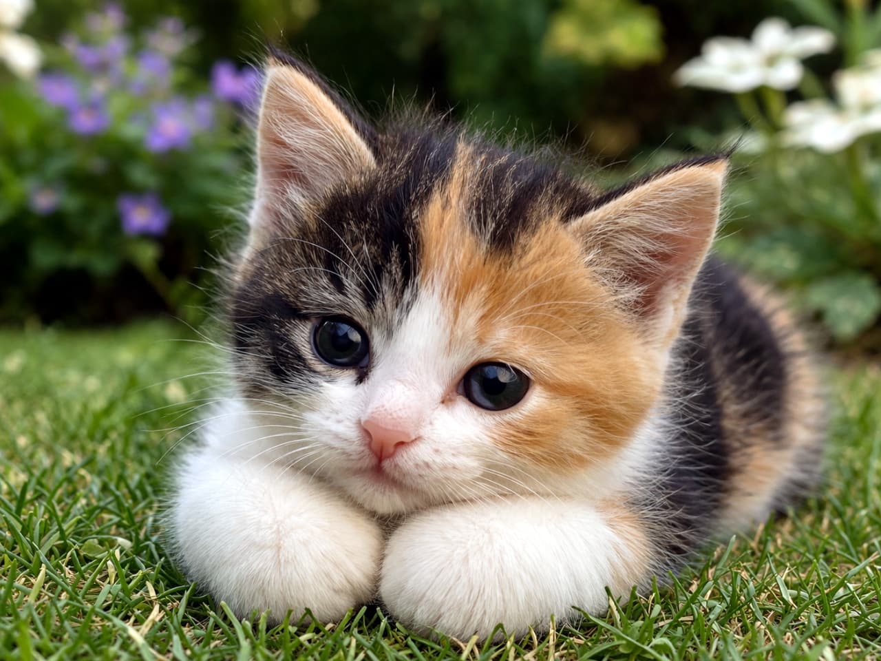 「お花畑で見つけたとびきりの天使🧚‍♀️✨ クリクリのおめめで見つめられたら、もうメロメロ間違いなしです😍🌼」Ultra-realistic high-quality photograph of an adorable calico kitten resting on green grass with its paws tucked in, looking directly at the camera with big round eyes against a blurred floral background. 青々とした芝生の上にうつ伏せになり、前足を揃えてこちらをじっと見つめる三毛猫の子猫。背景には紫や白い花が美しくボケている