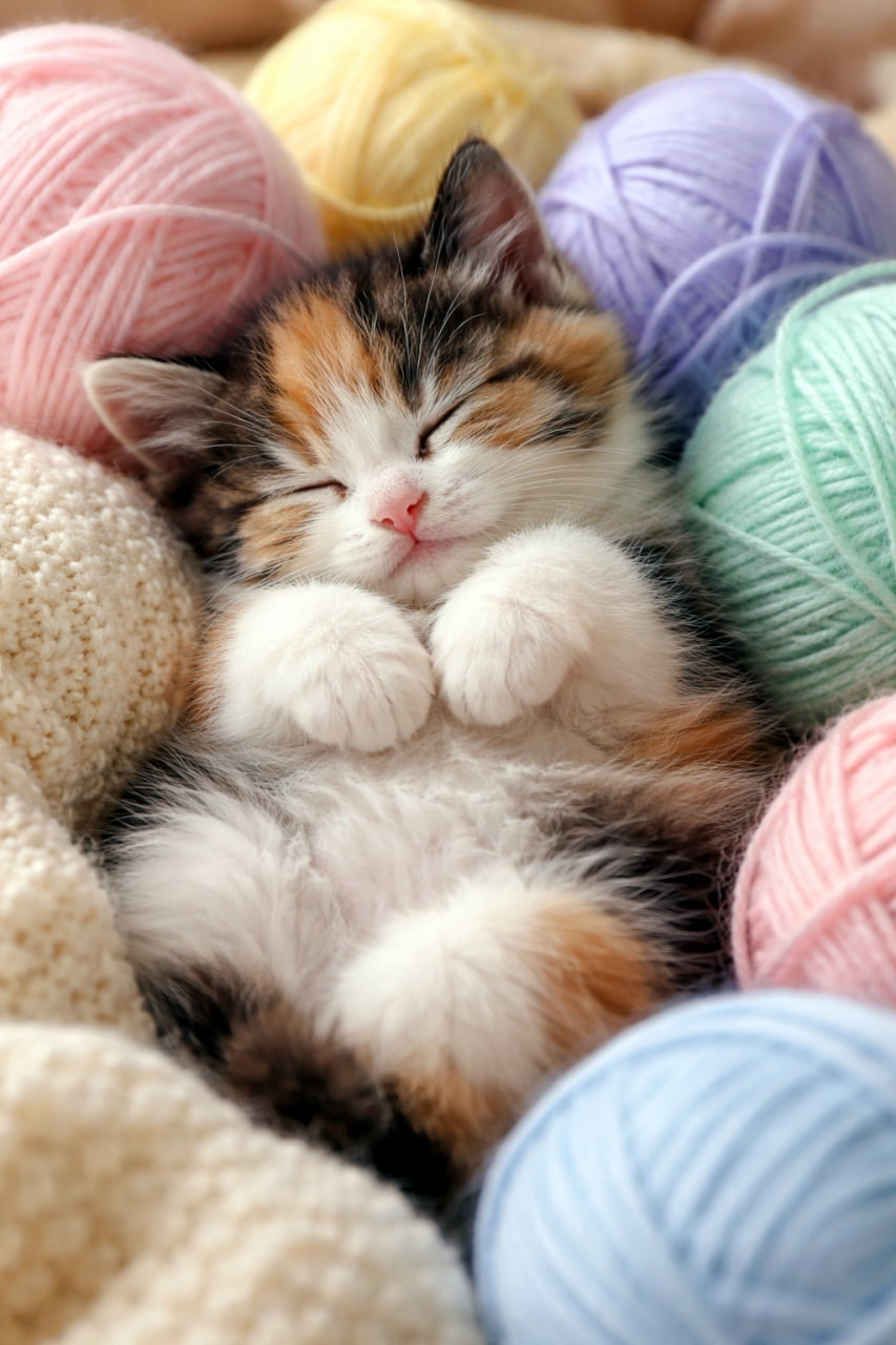 「カラフルな毛糸玉のベッドでどんな夢を見てるのかな？🧶🌈 無防備なへそ天ポーズに癒やし度1000%！」Ultra-realistic high-quality photograph of a cute calico kitten sleeping peacefully on its back, surrounded by pastel-colored balls of yarn, with its paws curled up on its chest. ンク、水色、紫、黄色などパステルカラーのカラフルな毛糸玉に囲まれ、仰向け（へそ天）になって気持ちよさそうに眠る三毛猫の子猫。前足を胸の前にきゅっと丸めている
