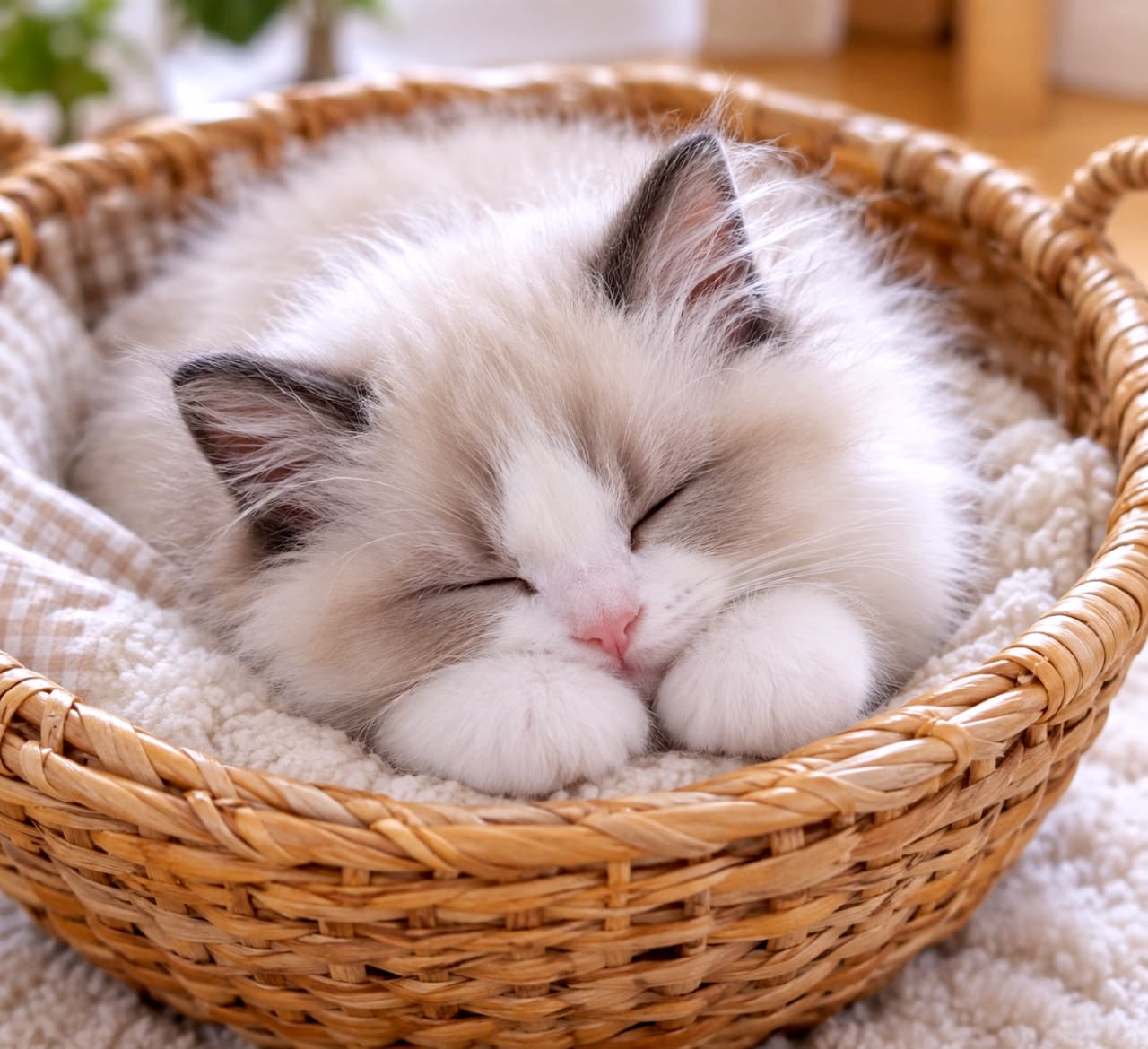 「かごの中でスヤスヤ夢の中💤ふかふかのおててを枕にする寝顔が天使すぎて、ずっと見守っていたいですね🕊️✨」Ultra-realistic high-quality photograph of a fluffy Ragdoll-style kitten sleeping peacefully inside a woven basket, resting its head on perfectly round white paws on a soft blanket, bathed in gentle natural light. ナチュラルな編みかごの中で、白いブランケットに包まれて幸せそうに眠るラグドール風の長毛種の子猫。ハチワレ模様の顔を、肉球が隠れた丸くて白い両前足の上に乗せている、柔らかい光に包まれた高画質な写真