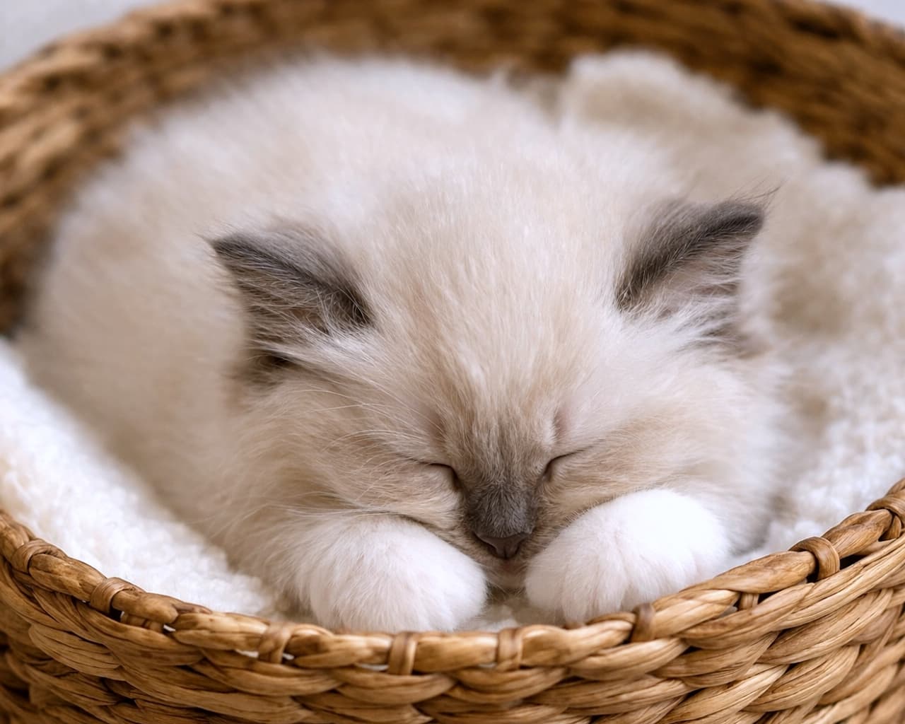 「カゴの中でお昼寝タイム💤 ふわふわの被毛とクリームパンみたいなおててが最高にキュート💖 #猫のいる幸せ」Ultra-realistic high-quality photograph of a fluffy long-haired kitten sleeping peacefully in a wicker basket, with its soft round paws resting near its face. 籐のかごと白い布に包まれて、目を閉じて気持ちよさそうに眠るふわふわの長毛の子猫。口元に添えられたふっくらとした前足が特徴的な写真