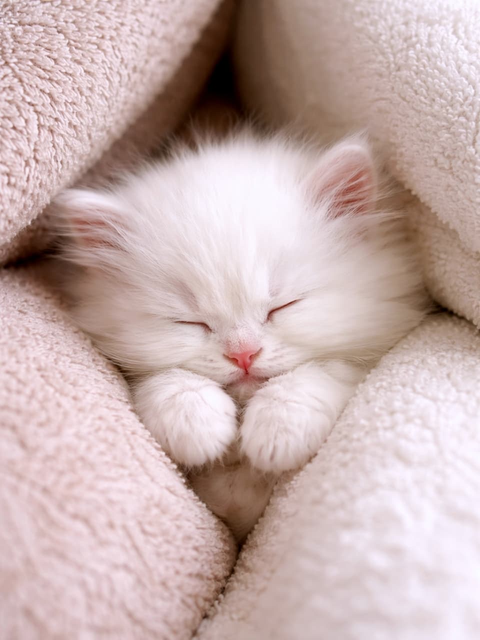 「ふかふか毛布の海にダイブ！☁️💤 天使みたいな白猫ちゃんの寝顔に、１日の疲れも吹き飛びますね✨」Ultra-realistic high-quality photograph of a fluffy white kitten sleeping peacefully, nestled deep inside soft beige and white blankets. ふわふわのベージュと白の毛布に顔を埋めるようにして、目を閉じて心地よさそうに眠る長毛の白い子猫。全体的に白とパステルカラーの柔らかいトーン