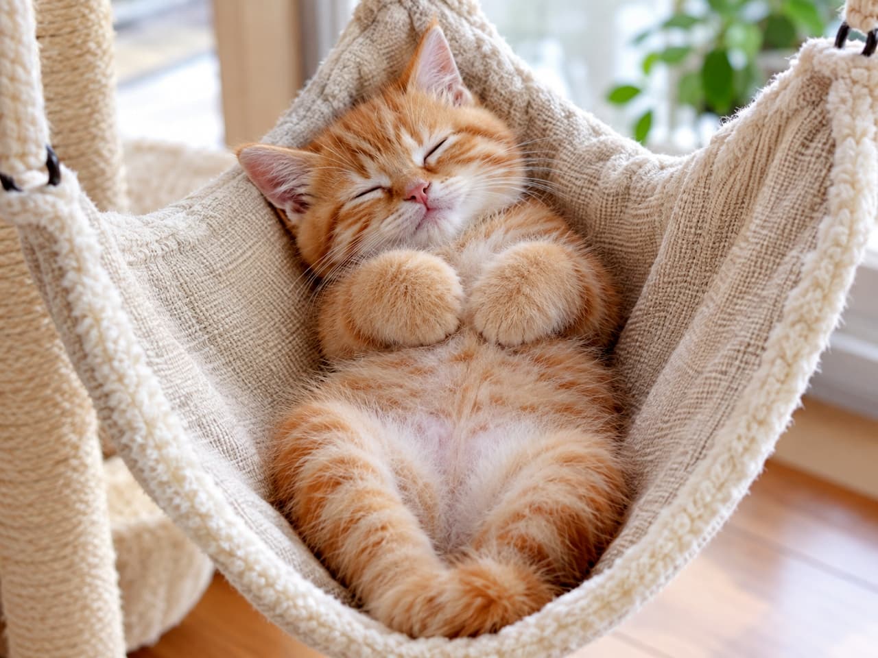 「お日さまの光を浴びながらゆらゆら夢のなか🌞💤 ぎゅっと集まったおててとお腹に癒されますね🍀」Ultra-realistic high-quality photograph of a ginger tabby kitten peacefully asleep on its back inside a hanging cream fabric hammock by a window, bathed in warm natural light, with its tiny, round front paws clasped together. 暖かい日差しが差し込む窓際で、白い布製の吊り下げハンモックに包まれて仰向けで眠る茶トラの子猫。目を閉じて安心しきった表情で、胸の前には肉球が見えない丸い両前足を可愛らしく揃えている。背景には室内の観葉植物が柔らかくボケており、キャットタワーの支柱が見える、穏やかな光に満ちた高画質な写真