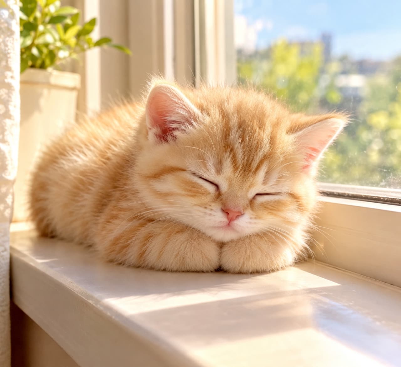 「ぽかぽか陽だまりでお昼寝タイム☀️おててをナイナイして眠る姿から、日向のいい匂いが伝わってきそうですね」Ultra-realistic high-quality photograph of a ginger tabby kitten sleeping on a white windowsill bathed in warm sunlight, with its perfectly round paws tucked neatly under its face. 暖かい太陽の光が差し込む白い窓枠の上で、目を閉じて心地よさそうに眠る茶トラの子猫。顔の下には肉球の隠れた丸い両前足が綺麗に収納されており、柔らかな逆光が被毛を黄金色に輝かせている高画質な写真。背景には緑の植物がボケて写っている