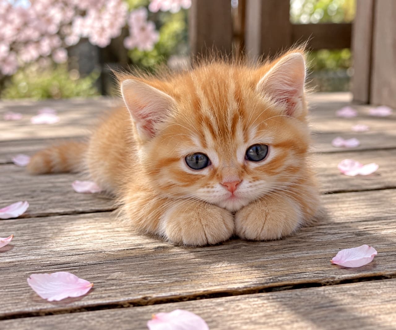 「桜舞う縁側でお花見タイム🌸🐾春の陽気に包まれて、ぽかぽかリラックス中の茶トラちゃんに癒されますね🍡✨」Ultra-realistic high-quality photograph of a ginger tabby kitten resting on a wooden porch surrounded by fallen cherry blossom petals, with its perfectly round paws tucked neatly under its face in soft spring sunlight. ピンクの桜の花びらが散る味わい深い木の縁側で、のんびりと伏せをする茶トラの子猫。柔らかな春の陽射しを浴びながら、肉球の隠れた丸っこい前足にあごを乗せている、情緒あふれる高画質な写真