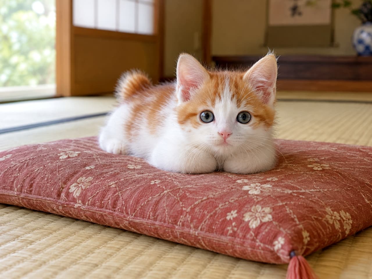 「和室の座布団でくつろぐ茶白ちゃん🍵✨お行儀よく揃えた真っ白なまんまるおててに、日々の疲れも吹き飛びますね」Ultra-realistic high-quality photograph of a ginger and white kitten resting on a red floral cushion in a traditional Japanese tatami room. It is looking directly at the camera with large eyes, and its perfectly round, white paws are tucked neatly under its face with no visible pads or claws, bathed in soft natural light. 伝統的な畳敷きの和室で、赤い花柄のふかふかした座布団の上にペタンと伏せてくつろぐ茶白(ジンジャー&ホワイト)の子猫。大きな丸い瞳でこちらを見つめ、顔の下にはプロンプトの指示通り、肉球も爪も見えない真っ白で丸い両前足を綺麗に揃えている。背景には障子や床の間が柔らかい自然光の中でボケて写り込んでいる、高画質な写真