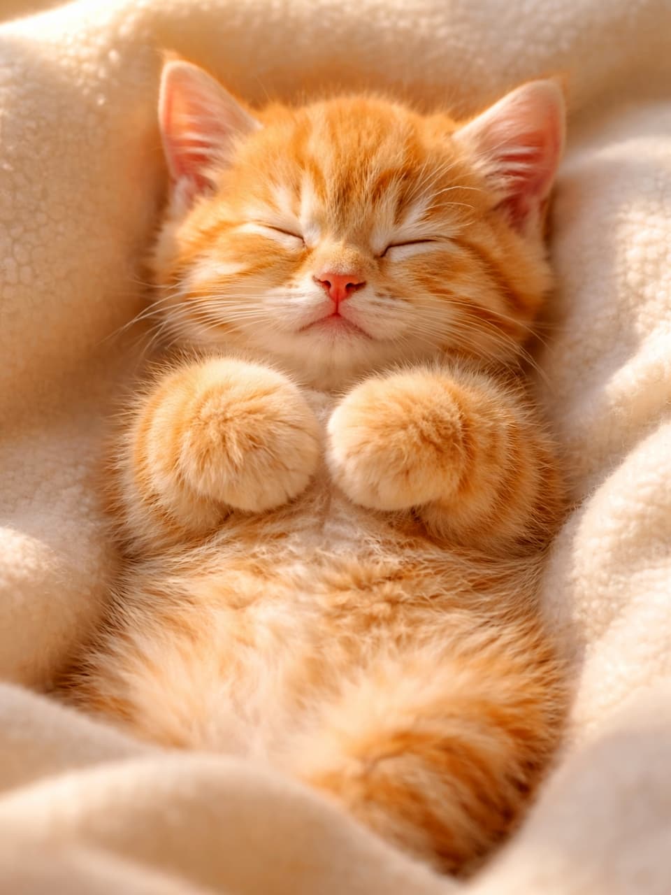 「ぽかぽかお日様の下でヘソ天お昼寝☀️ 胸の上のクリームパンおててが反則級の可愛さ🐾🧡 #茶トラ」Ultra-realistic high-quality photograph of a ginger tabby kitten sleeping on its back on a fluffy blanket in warm sunlight, with its round paws neatly resting on its chest. 暖かい陽射しを浴びて、ふかふかの毛布の上で仰向けになって眠る茶トラの子猫。胸元に揃えた「クリームパン」のような前足が可愛らしい写真