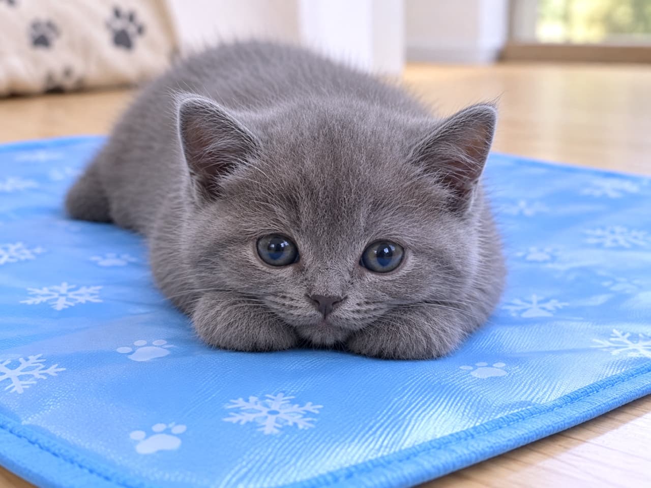 「ひんやりマットの上で涼み中❄️🐈⬛こんなに可愛いおててで見つめられたら、夏の暑さも忘れちゃいそうですね🎐💙」Ultra-realistic high-quality photograph of a grey kitten resting flat on a blue cooling mat with snowflake patterns, resting its chin on perfectly round paws and looking forward. 雪の結晶と肉球がデザインされた青い冷却マットの上で、ペタンと伏せをして涼むブリティッシュショートヘア風のグレーの子猫。顔の下には爪も肉球もない丸い前足が綺麗に揃えられた高画質写真