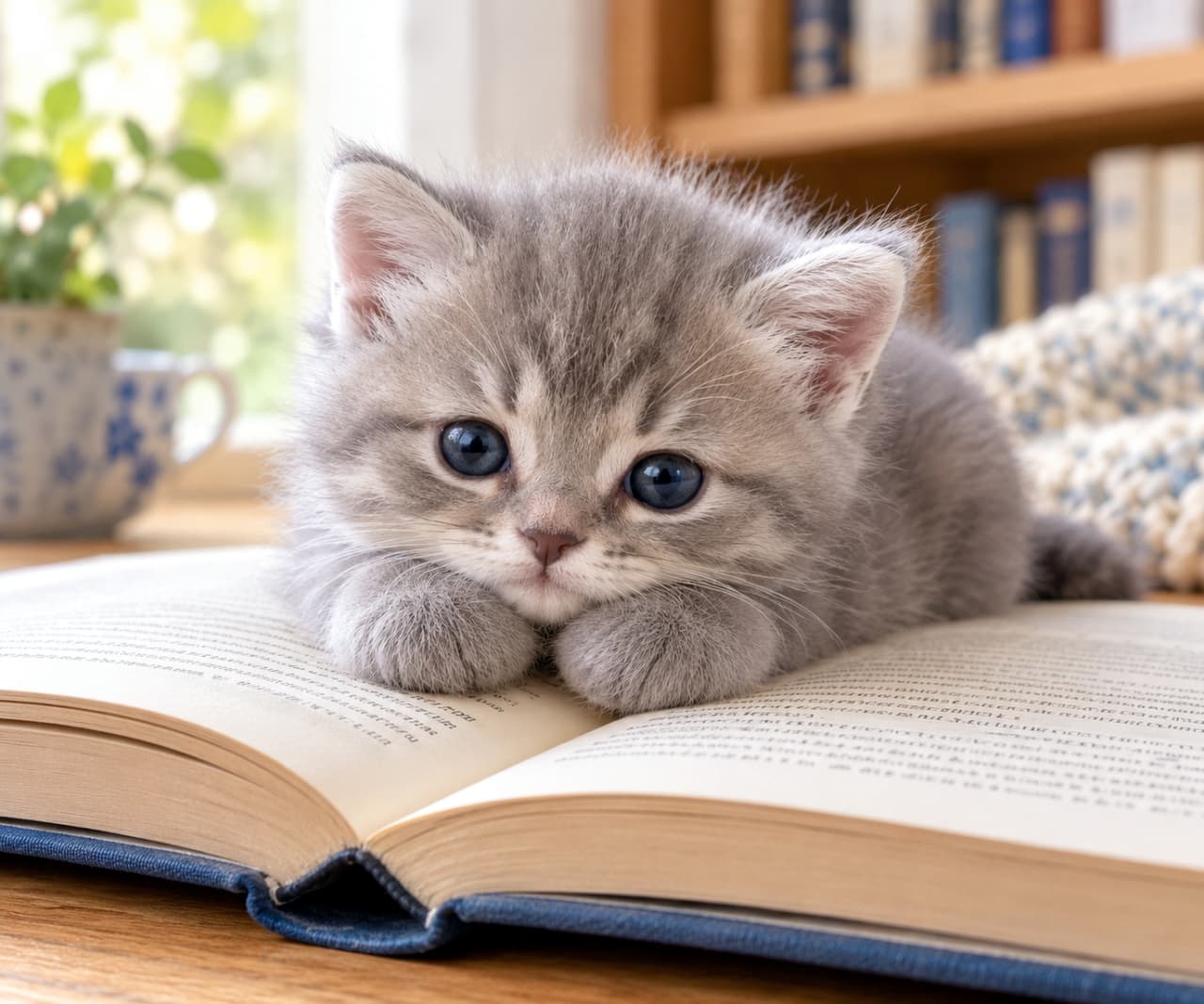 「読書の秋のお供に立候補📚🐈文字の上に乗せたクリームパンみたいなおててが反則級!ページをめくる手が止まっちゃいますね👀💕」Ultra-realistic high-quality photograph of a fluffy grey kitten resting on an open book, looking at the viewer with large captivating eyes, with its perfectly round paws placed gently on the text pages. 日差しの入る部屋で、開かれた分厚い本の上にペタンと伏せてくつろぐグレーの子猫。ふんわりとした被毛と青みがかった大きな瞳が特徴的で、文字が並ぶページの上に丸くて愛らしい両前足を乗せている高画質写真。背景には本棚が見える