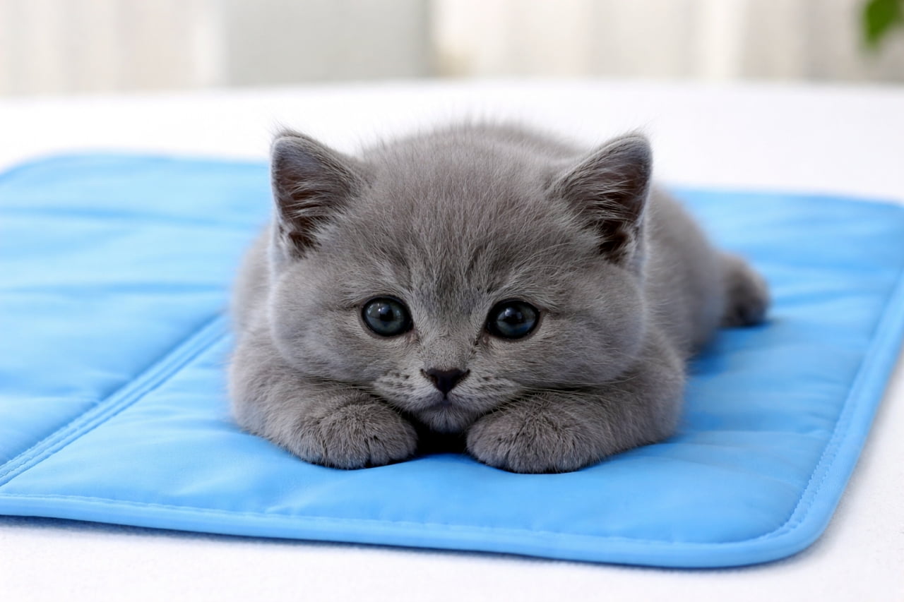 「ひんやりマットがお気に入りニャン🧊✨ 綺麗に揃えたおててとグレーのモフモフボディがたまりません🤤」Ultra-realistic high-quality photograph of an adorable solid grey kitten resting its paws neatly on a bright blue mat, looking straight ahead with big round eyes. 鮮やかな水色のマットの上で、前足を揃えてリラックスしたポーズをとるブリティッシュショートヘアのようなグレーの子猫。クリクリの大きな瞳で真っ直ぐこちらを見つめている