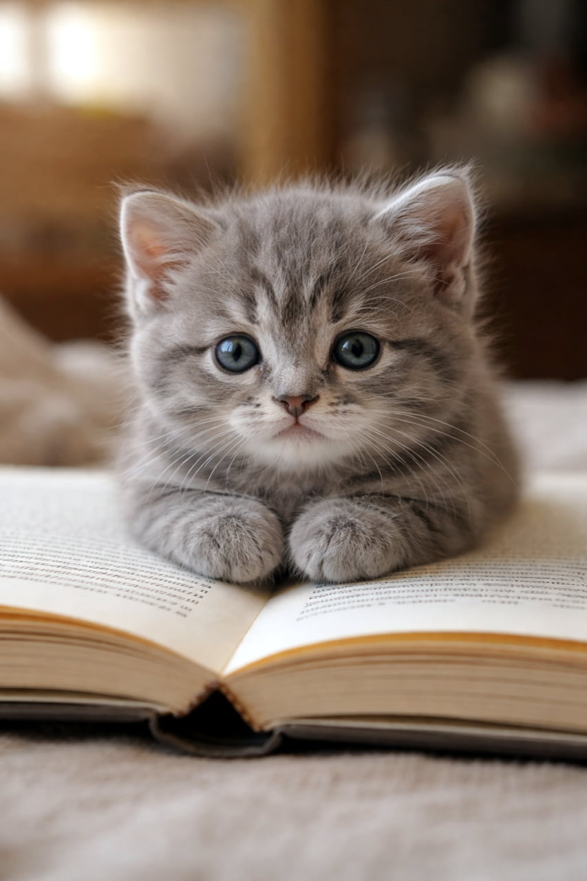 「読書の時間は一緒にお勉強にゃ？📖✏️ 本の上にちょこんと乗る姿が愛おしすぎるグレー子猫ちゃん✨」Ultra-realistic high-quality photograph of a grey tabby kitten resting its paws on an open book. It looks directly at the viewer in soft, gentle lighting. 開かれた厚い本の上にちょこんと前足を乗せて香箱座りをする、グレーのトラ柄の子猫。穏やかな光の中でカメラをじっと見つめている