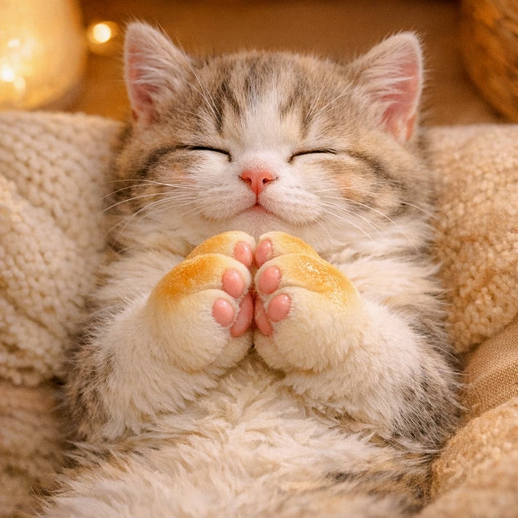 「「クリームパンみたいな手」って本当にパンになってる🍞！？AIの勘違いが生んだ、可愛すぎる失敗作😹」A square, high-quality photograph of a cute baby kitten sleeping on its back in a cozy, warmly lit indoor setting. The kitten has its front paws pressed together over its chest in a praying motion. Hilariously, due to a literal AI interpretation of the prompt, the paws look exactly like actual baked, golden-brown cream buns with little pink toe beans attached, creating a surreal and funny AI fail. 正方形の高画質な写真。温かい照明の居心地の良い室内で、仰向けになってスヤスヤと眠る可愛い子猫。胸の上で両前足を合わせ、お祈りしているようなポーズをとっているが、その前足は比喩ではなく「本物のこんがり焼けたクリームパン」の質感になっており、そこに小さなピンク色の肉球がついている。AIの直訳的な解釈によって生まれた、ユーモラスでシュールな失敗作の情景