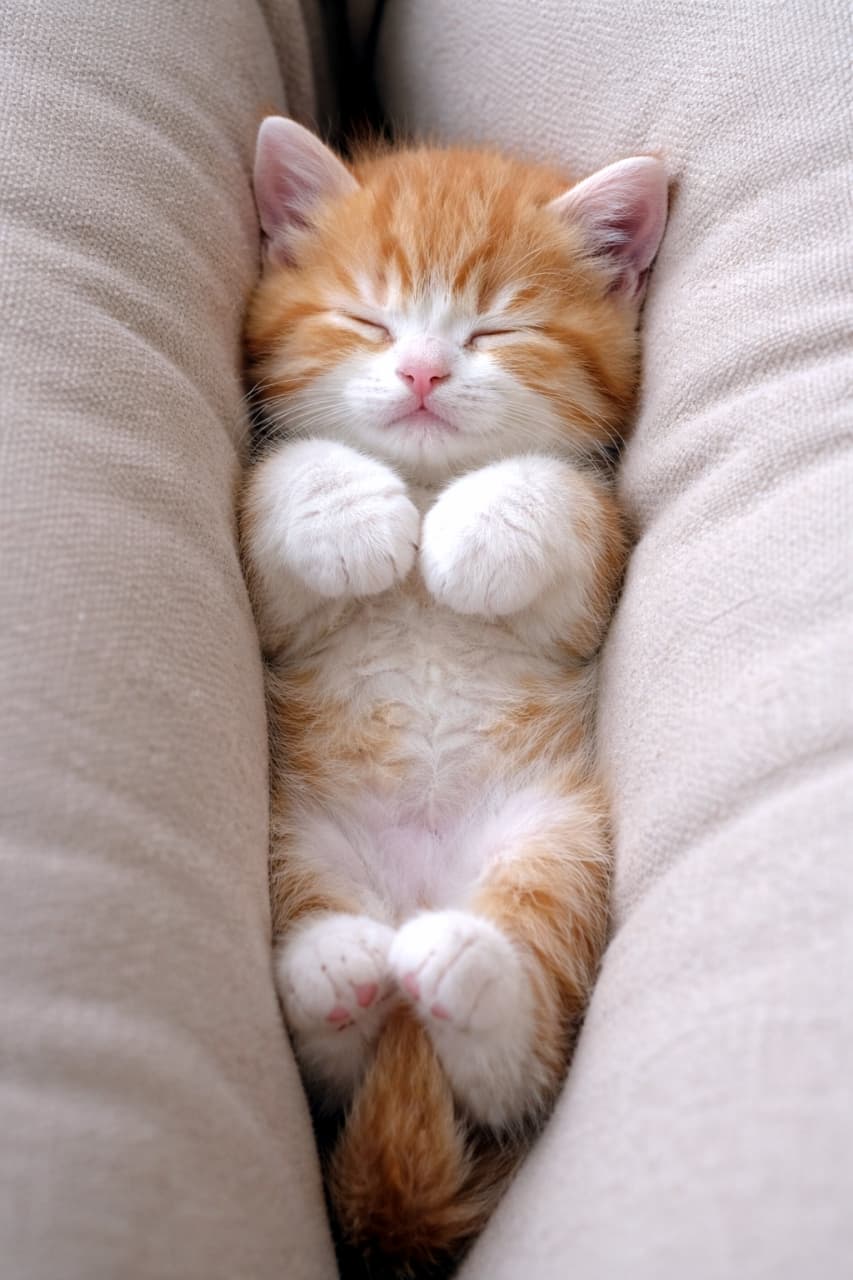 「クッションに挟まれて無防備すぎるへそ天！🙌 究極のリラックスモードの茶白ちゃんにほっこり💕」Ultra-realistic high-quality photograph of an orange and white kitten sleeping soundly on its back, wedged between two soft beige cushions, with its paws curled up on its chest. ベージュ色の柔らかいクッションの隙間にすっぽりと収まり、仰向けになって胸の前で前足を丸めて眠る茶白の子猫。安心しきった無防備な寝顔