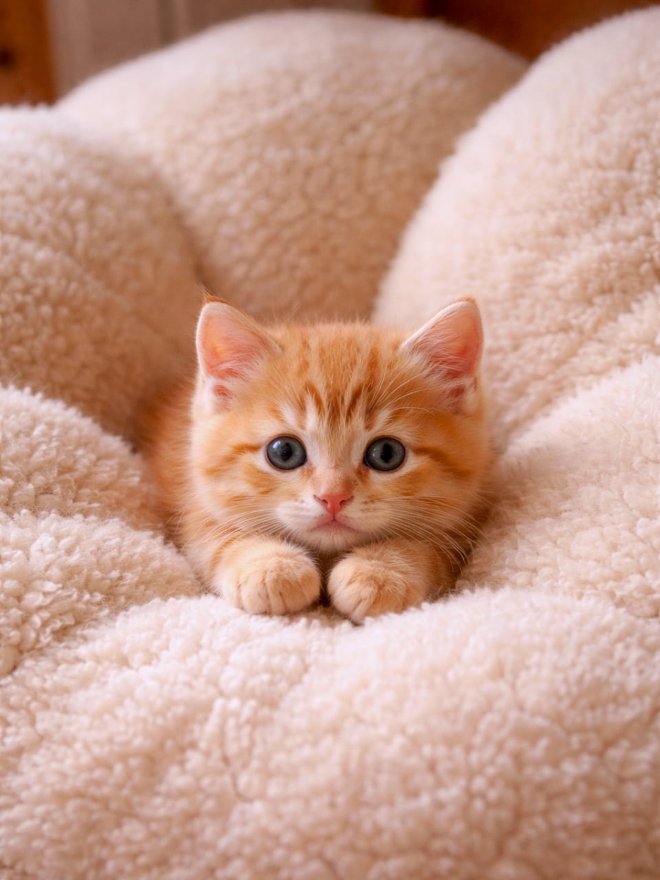 「すっぽり包まれて安心ニャン🐈✨ ちょこんと揃えたおててがたまらなくキュートで、ずっと見ていられますね🤤」Ultra-realistic high-quality photograph of an adorable orange tabby kitten snugly fitting in a cozy fleece chair, resting its paws neatly together under soft, gentle lighting. 柔らかなボア素材のチェアにすっぽりと包まれ、揃えた両前足に顎を乗せるようにしてくつろぐ茶トラの子猫。ふんわりとした光が全体を優しく照らしている