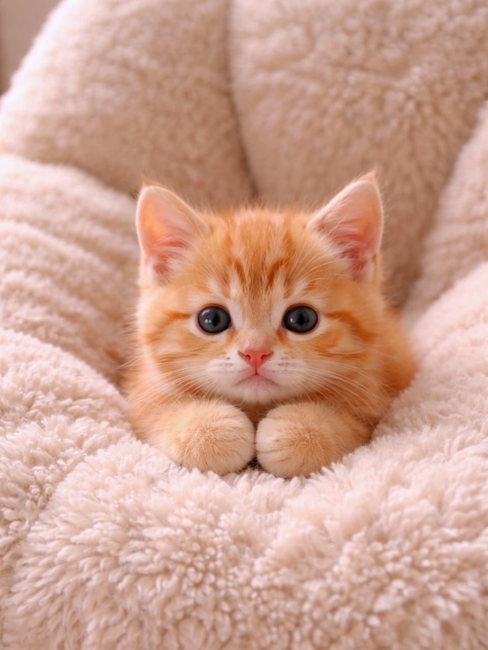 「もこもこクッションと茶トラちゃんの組み合わせは反則級の可愛さ🥺💕 うるうるの瞳で見つめられたらイチコロです！」Ultra-realistic high-quality close-up photograph of a cute orange tabby kitten resting its paws together on a fluffy beige cushion, looking directly at the camera with big, glossy round eyes. ベージュのもこもこしたクッションに埋もれるようにして、前足を揃えてこちらをじっと見つめる茶トラの子猫のクローズアップ写真。うるうるとした大きな瞳が印象的