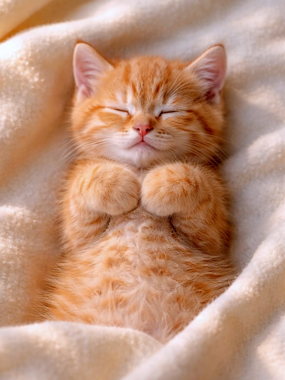 「天使の寝顔！👼ブランケットで仰向けお願いポーズの茶トラちゃん、守りたくなる尊さ...💤」Ultra-realistic high-quality photograph of an orange tabby kitten sleeping soundly. It is lying completely on its back (belly-up) on a soft beige plush blanket, eyes closed with a happy, peaceful expression. Its front paws are tucked together over its chest in a small "please" pose. ベージュの柔らかいボアブランケットの上で、茶トラの子猫が完全に仰向けになって眠っている。目は閉じ、幸せそうな表情。前足を胸の前で揃えて曲げている