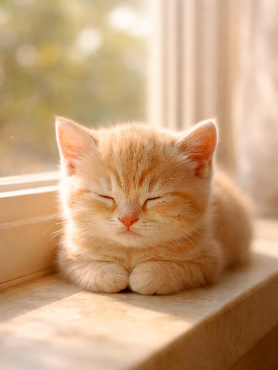 「ポカポカ陽気でウトウト…☀️ 窓辺で日向ぼっこしながら眠る茶トラちゃんに心まで温まります🌿💤」Ultra-realistic high-quality photograph of an orange tabby kitten sleeping peacefully by a window, bathed in warm sunlight, with its paws tucked in. 窓枠に香箱座りをして、暖かい日差しを浴びながら目を閉じて眠る茶トラの子猫。背景の窓越しに緑の木漏れ日がぼんやりと見える