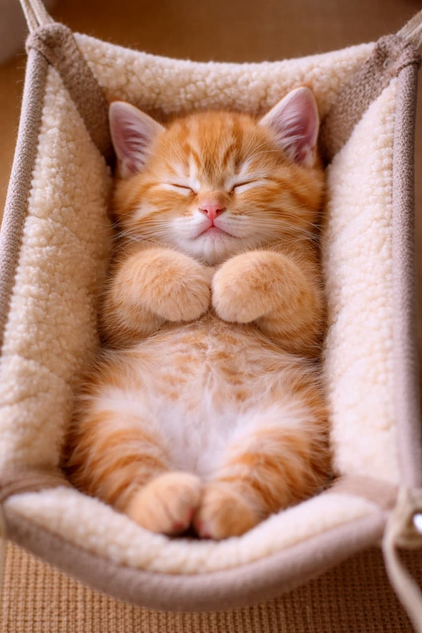 「ゆらゆらハンモックで極上のリラックスタイム🏕️✨ 綺麗に揃えたおててと幸せそうな寝顔に癒され度120%！💯」Ultra-realistic high-quality photograph of a sweet orange tabby kitten sleeping flat on its back with paws curled up in a cozy, fleece-lined small hammock. もこもこのボア素材が敷かれた小さなハンモックの中で、仰向けになり両手を胸の上に揃えて気持ちよさそうに眠る茶トラの子猫