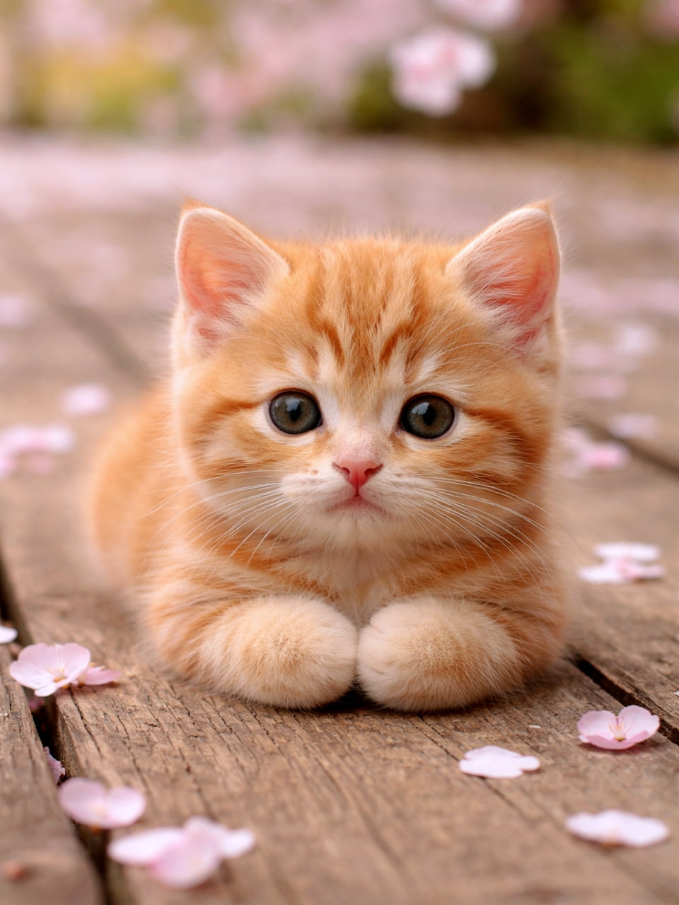 「桜の花びらと一緒にハイ、チーズ📸🌸 春の訪れを教えてくれる茶トラちゃんの可愛さに胸キュンです！」Ultra-realistic high-quality photograph of a cute orange tabby kitten resting its paws together on wooden planks scattered with pink cherry blossom petals, looking directly at the camera with a soft spring background. 桜の花びらが散る木の板の上で、前足をちょこんと揃えてお行儀よく座り、大きな瞳でカメラを見つめる茶トラの子猫。春らしい柔らかなピンク色のボケが背景に広がっている