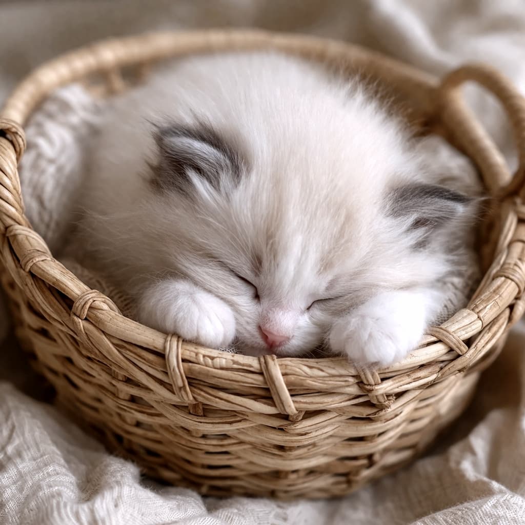 「天使の寝顔👼 ふかふかの毛並みと揃えた前足の組み合わせにキュンとしちゃいます💕 #猫好きさんと繋がりたい」Ultra-realistic high-quality photograph of a fluffy kitten taking a nap in a woven basket, resting its chin on its beautifully aligned round paws. 籐のかごの中でスヤスヤと眠る長毛の子猫。ふわふわの被毛と、顔の下にきれいに揃えられた丸い前足が印象的な高画質写真