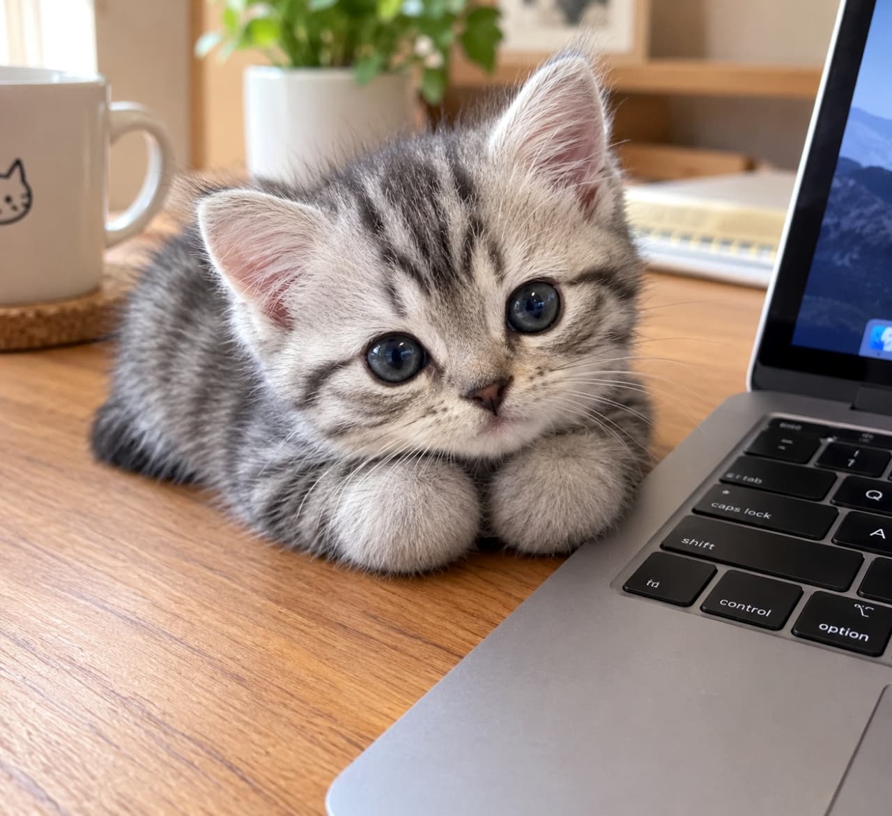 「デスクワークの最強のおじゃま虫💻🐾こんな熱い視線とまんまるおててで見つめられたら、お仕事は一旦ストップですね☕️✨」Ultra-realistic high-quality photograph of a silver tabby kitten resting comfortably next to a laptop on a wooden desk, looking directly at the camera with large eyes and perfectly round paws tucked together. 木製デスクの上、シルバーのノートPCのすぐ横でくつろぐアメリカンショートヘア風のシルバータビーの子猫。肉球が見えない丸い両前足を揃えてあごを乗せ、大きな丸い瞳でこちらを見つめている。奥には猫のイラスト入りマグカップが見える高画質写真