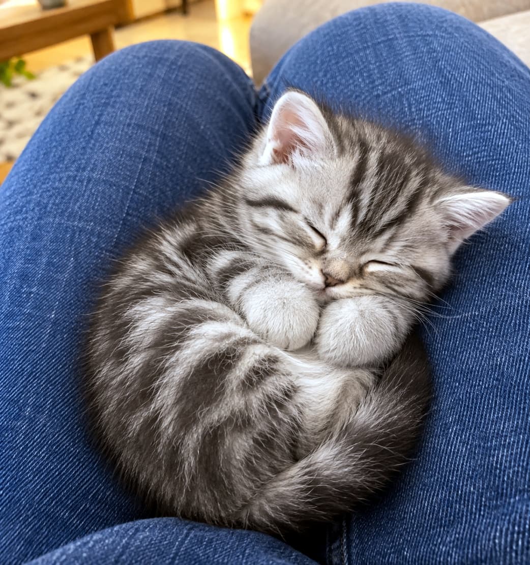 「特等席でお昼寝タイム👖💤膝の上でこんなに丸くなられたら、可愛すぎて一生動けなくなっちゃいますね😂✨」Ultra-realistic high-quality photograph of a silver tabby kitten curled up and sleeping deeply on the lap of a person wearing blue denim jeans, its round paws tucked closely to its face in complete relaxation. 青いデニムジーンズを履いた人間の膝の上で、小さく丸まって熟睡しているアメリカンショートヘア(シルバータビー)の子猫。両前足を顔の近くでギュッと合わせ、完全に安心しきっている様子を捉えた高画質な写真