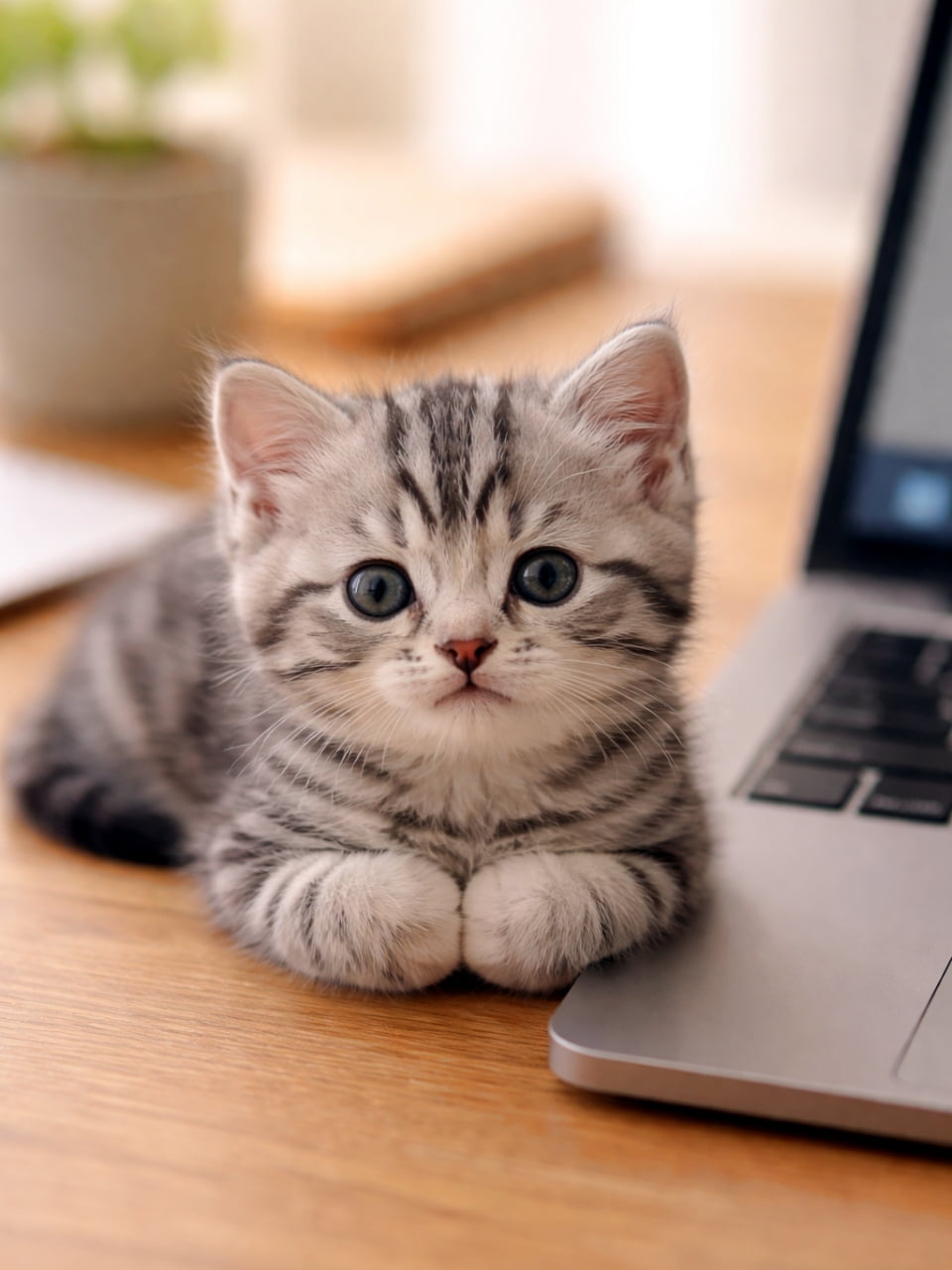 「パソコン作業はちょっと休憩してにゃ！💻🐾 デスクの横でこんな風に見つめられたら仕事になりません😍」Ultra-realistic high-quality photograph of a silver tabby kitten lying on a wooden desk right next to a laptop computer, looking directly at the camera. 木製のデスクの上で、開いたノートパソコンのすぐ横に腹ばいになってこちらを見つめるシルバータビーの子猫。背景には観葉植物が少し見える