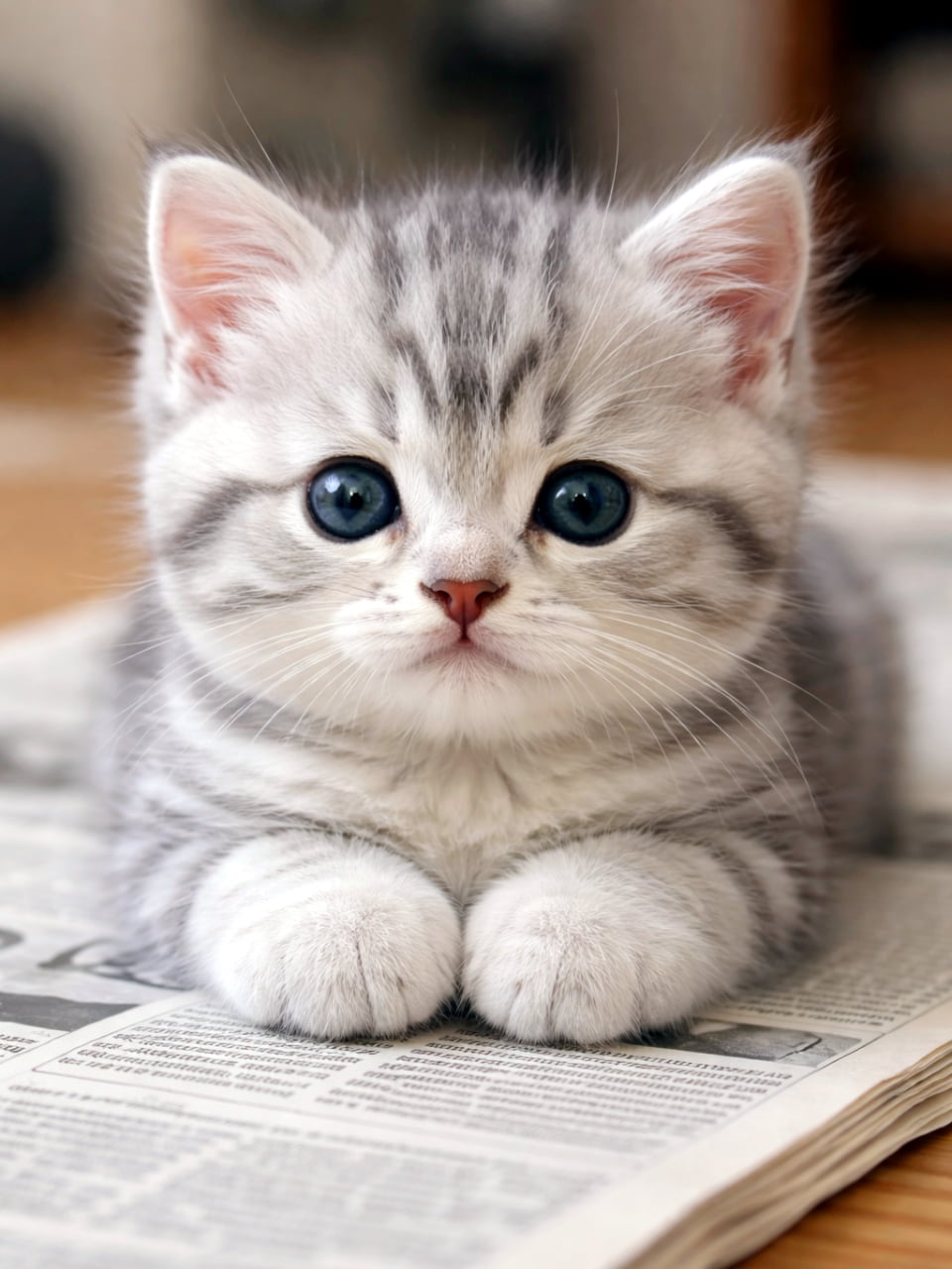 「新聞読んでるの？それとも邪魔してるの？😹 活字の上でキリッとおすましする知的なシルバータビーちゃん🐾」Ultra-realistic high-quality photograph of a cute silver tabby kitten resting its paws neatly on an open newspaper, looking straight ahead with striking eyes. 広げられた英字新聞の上に両前足を揃えてくつろぐ、シルバータビー（サバトラ）の子猫。くっきりとしたアイラインと大きな瞳が印象的で、少し知的な雰囲気の写真