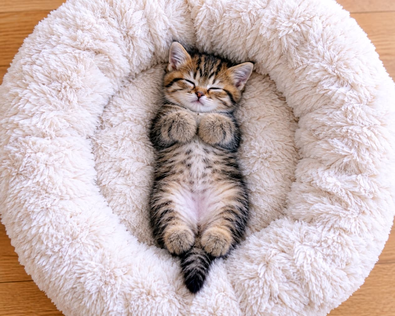 「ふかふかベッドの真ん中で、完全におやすみモード💤 小さなおててをぎゅっとした寝顔が愛おしすぎます🐾」Ultra-realistic high-quality photograph from an overhead angle of a tiny tabby kitten sleeping on its back in the center of a large, round, fluffy white plush pet bed, with its furry paws folded on its chest in total relaxation. 丸くて白い、ボリュームのあるふかふかしたボアベッドの真ん中で、仰向け(ヘソ天)になって熟睡するキジトラの子猫。目を閉じて完全にリラックスしており、胸元には肉球や爪の見えない丸い両前足をちょこんと合わせ、後ろ足と縞模様の尻尾もベッドに収まっている。上からのアングルで、ベッドの丸いフォルムと子猫の小ささが強調された高画質な写真