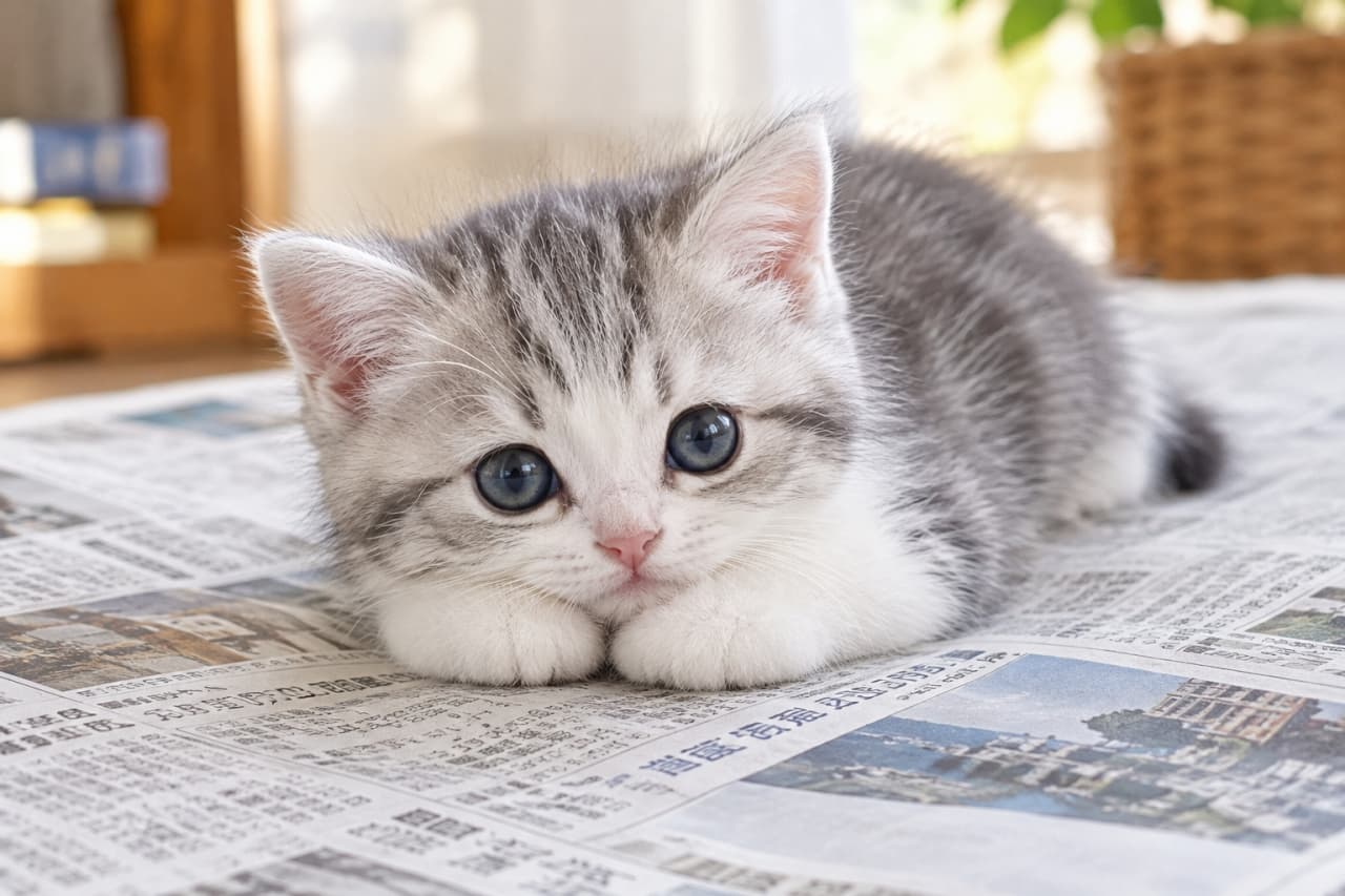 「新聞を読もうとしたら、可愛いお邪魔虫がスタンバイ📰🐾「ぼくを見て!」と言わんばかりの上目遣いと、丸すぎるおててに降参です🥺💕」Ultra-realistic high-quality photograph of a tiny tabby and white kitten resting in a gentle loaf pose on an open newspaper, staring directly at the camera with wide, expressive dark eyes. Its perfectly round, furry paws are tucked neatly under its chest on the printed paper, capturing a peaceful indoor moment with soft natural lighting and a warm, blurred background. 広げられた新聞紙の上にちょこんと伏せ、こちらを真っ直ぐ見つめるキジトラ白の子猫。丸く大きな黒目がちの瞳と、ピンクの鼻が特徴的。体の下に完全にしまい込まれた、肉球や爪の見えないふわふわな丸い前足が、文字が印刷された紙面の上で際立っている高画質な写真。背景には室内の木製家具やカゴが柔らかくボケて写り、日常の温かみを感じさせる