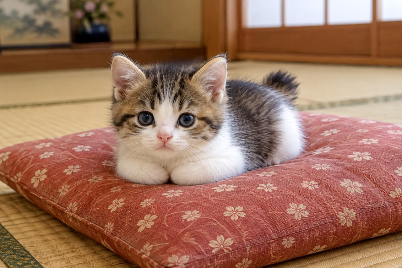 「和の空間にキジ白の子猫ちゃん登場🌸🐾ちょこんと揃えたふんわりおててが可愛くて、ずっと眺めていたくなります🍵✨」Ultra-realistic high-quality photograph of a brown tabby and white kitten resting on a red floral cushion on a tatami floor. Its perfectly round, white front paws are neatly tucked in with no visible pads or claws, set against a beautifully blurred background of traditional Japanese sliding doors and a decorative screen. 障子や美しい花の絵が描かれた家具を背景にした和室の畳の上で、赤い花柄の座布団にちょこんと伏せるキジ白の子猫。頭や背中の豊かなブラウンの縞模様と、顔の中心から胸元に広がる純白の被毛のコントラストが美しい。肉球の全く見えない丸く真っ白な前足を胸元に揃え、大きな瞳でカメラを見つめる、温かい光に包まれた高画質写真
