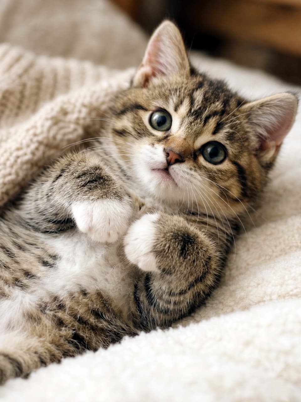 「もこもこの上で仰向けゴロン♪ 無防備な白いお腹と、きゅっと丸めたおててが可愛すぎるキジ白ちゃん🐈✨」Ultra-realistic high-quality photograph of a tabby and white kitten lying on its back on a fluffy white rug or blanket, looking naturally at the camera. It exposes its fluffy white belly and has both front paws gently curled near its chest. A beige knit material is partially visible on the left side.　ふわふわとした白い毛布のような敷物の上で仰向けになり、リラックスしてこちらを見つめるキジ白（キジトラと白）の子猫。白いお腹を見せ、両方の前足を胸元で軽く丸めている。左側にはベージュ色のニット素材が少し添えられている