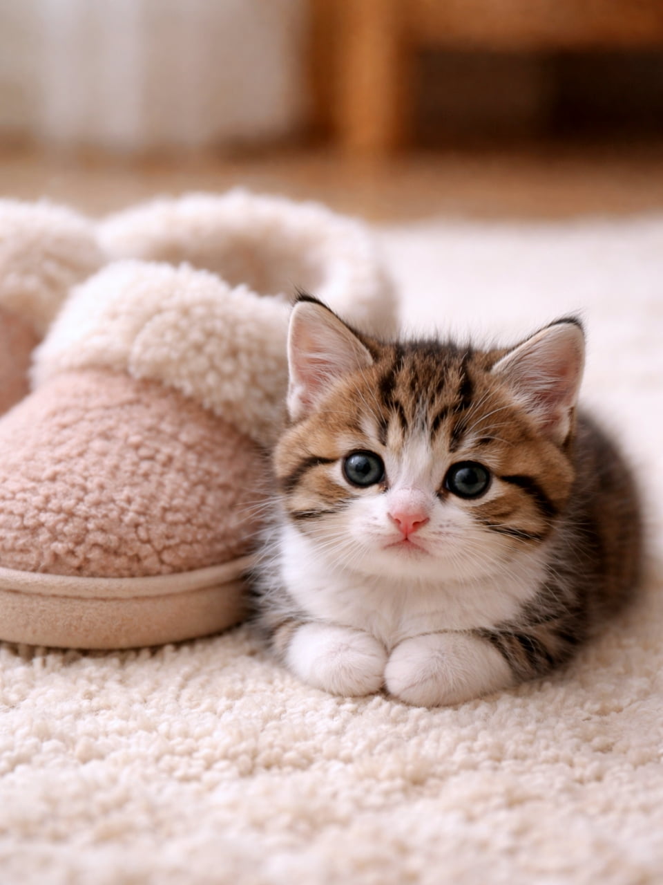 「ご主人様のスリッパはボクが守るニャ！🐾 もこもこのスリッパとお揃いのフワフワ感にほっこり☺️」Ultra-realistic high-quality photograph of a sweet tabby and white kitten sitting neatly with its paws together next to cozy fluffy slippers on a soft white rug. ふわふわの白いラグの上で、もこもことした暖かいルームシューズ（スリッパ）の横に寄り添うようにして座る、キジ白の子猫。前足を揃えてお行儀よくカメラを見つめている